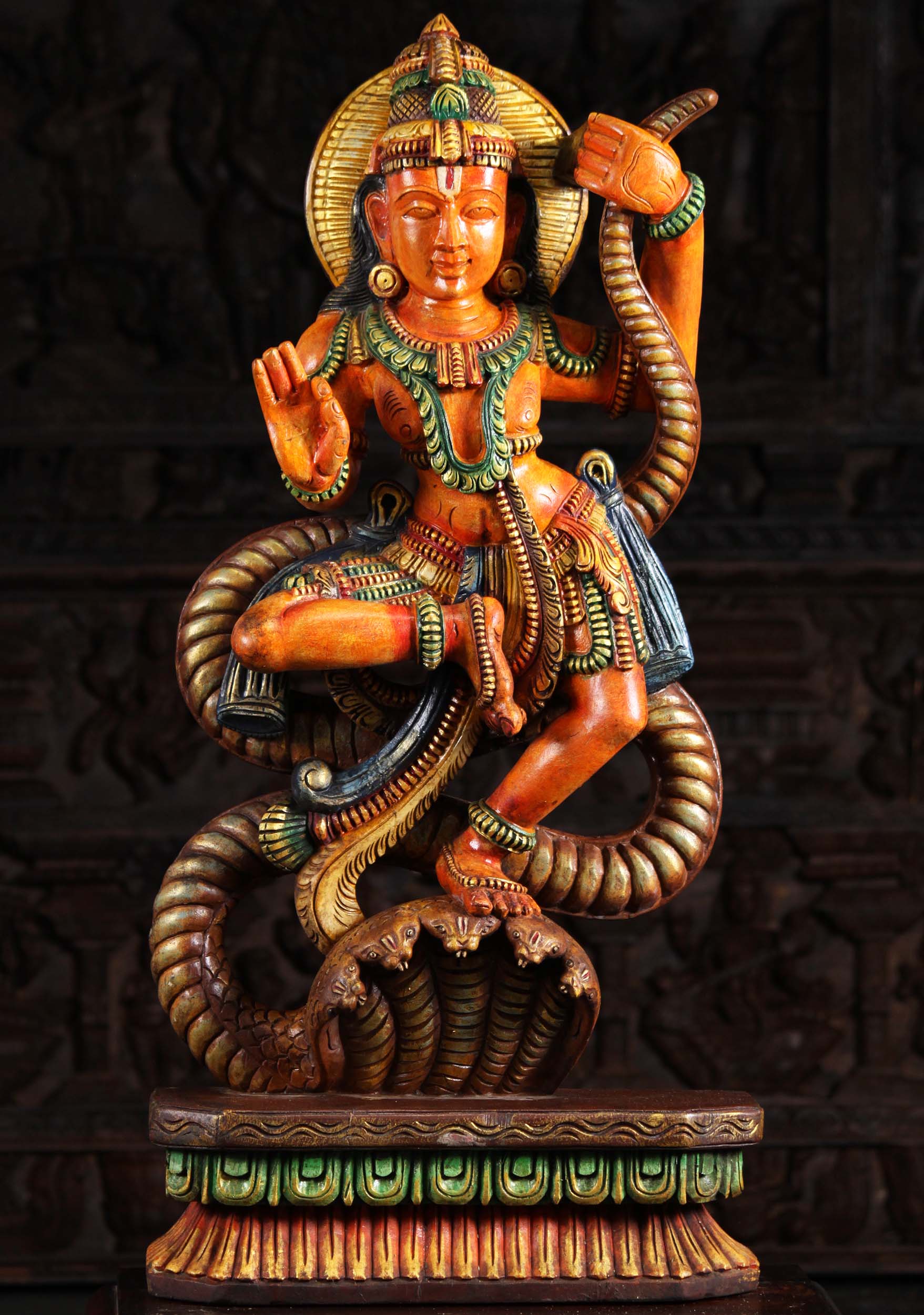 Wood Krishna Dancing On Kalinga The Serpent 36"