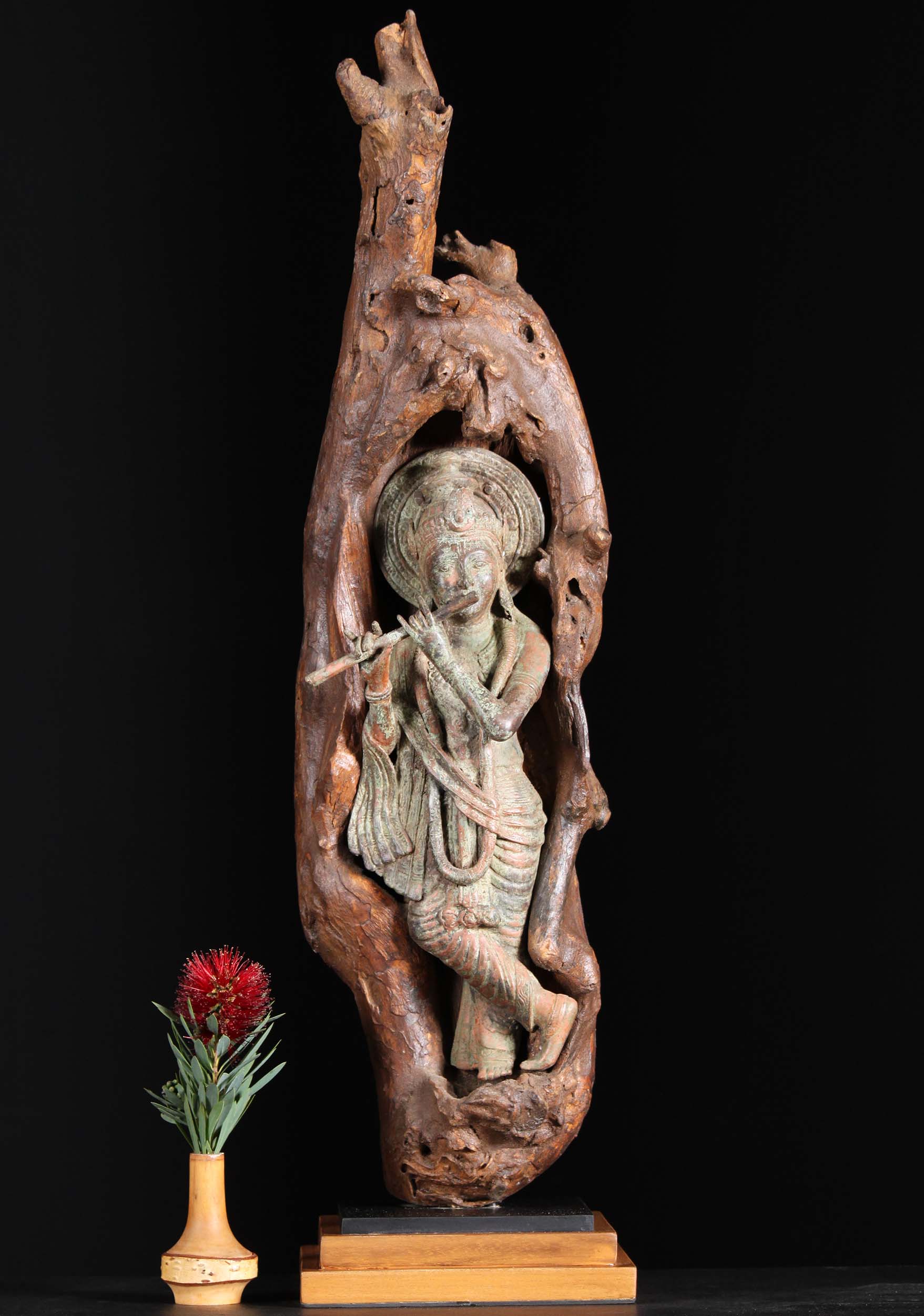 Sold Brass Krishna Playing Flute In Natural Wood 27 97bb8 Hindu Gods Buddha Statues