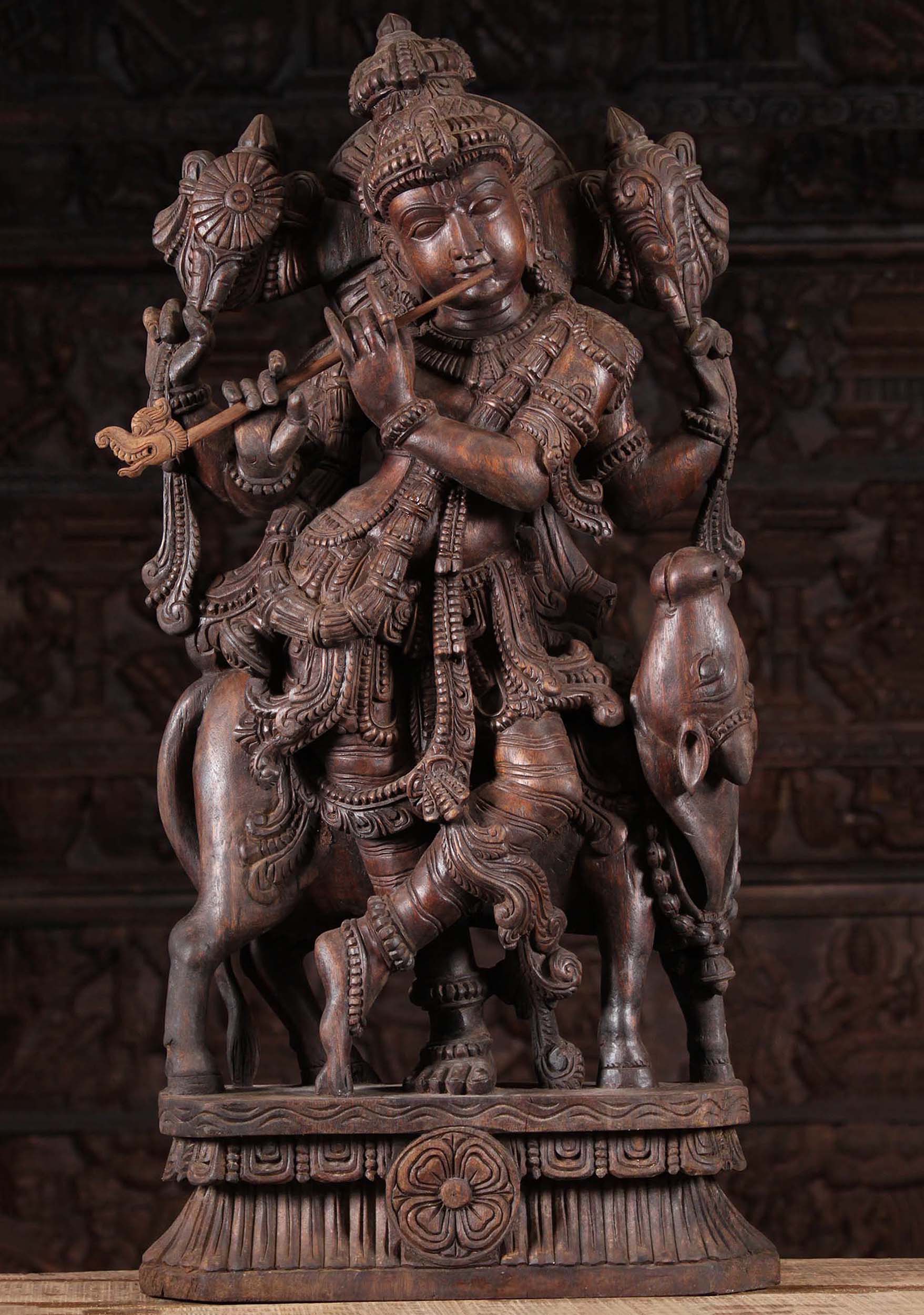 Wood Gopal Krishna Playing Flute with Cow 36"