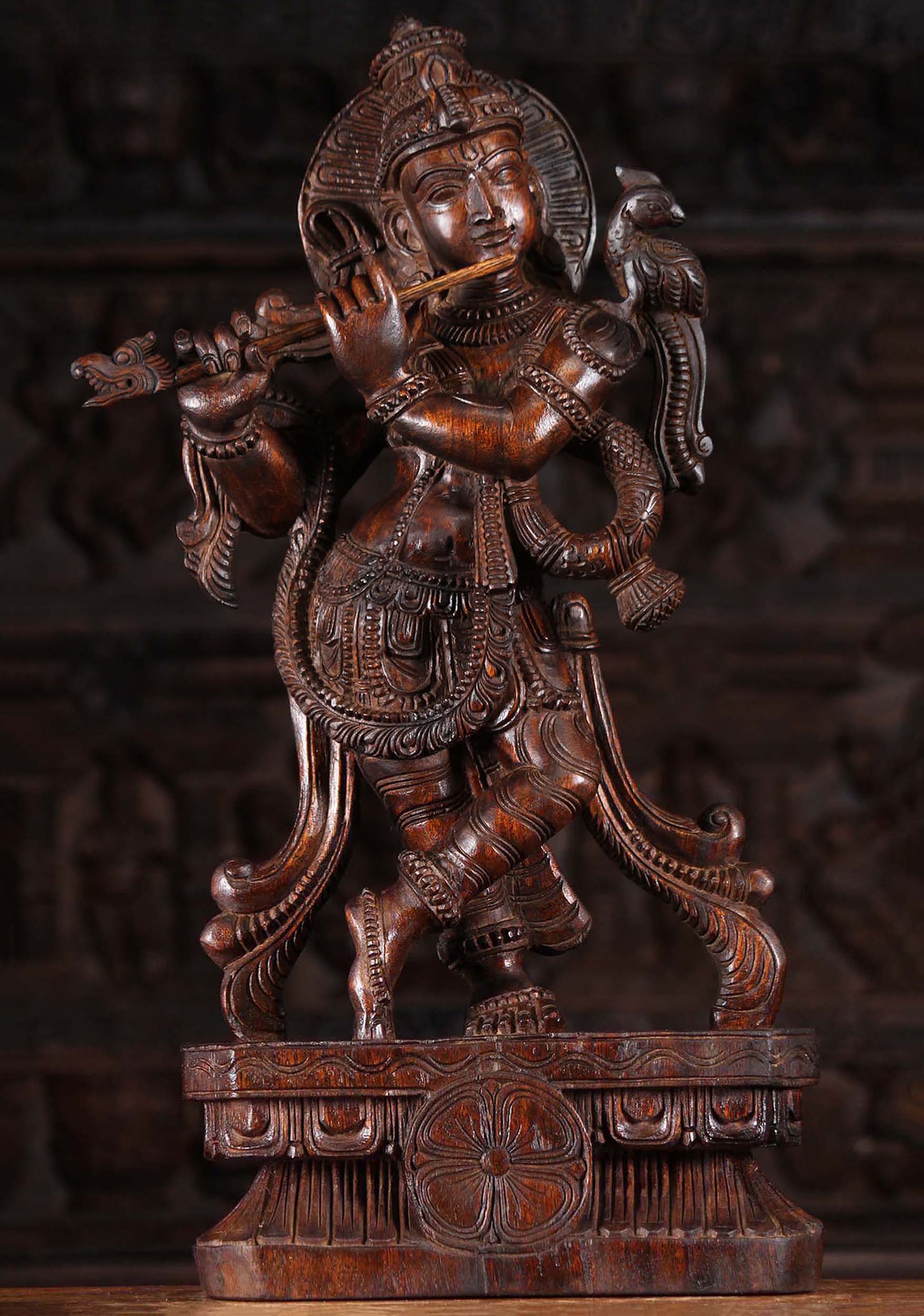 Wood Gopal Krishna Playing Flute with Parrot 24"