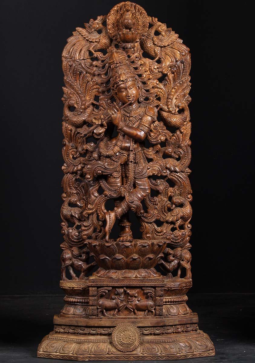 Wooden Krishna Statue With Peacocks 53"