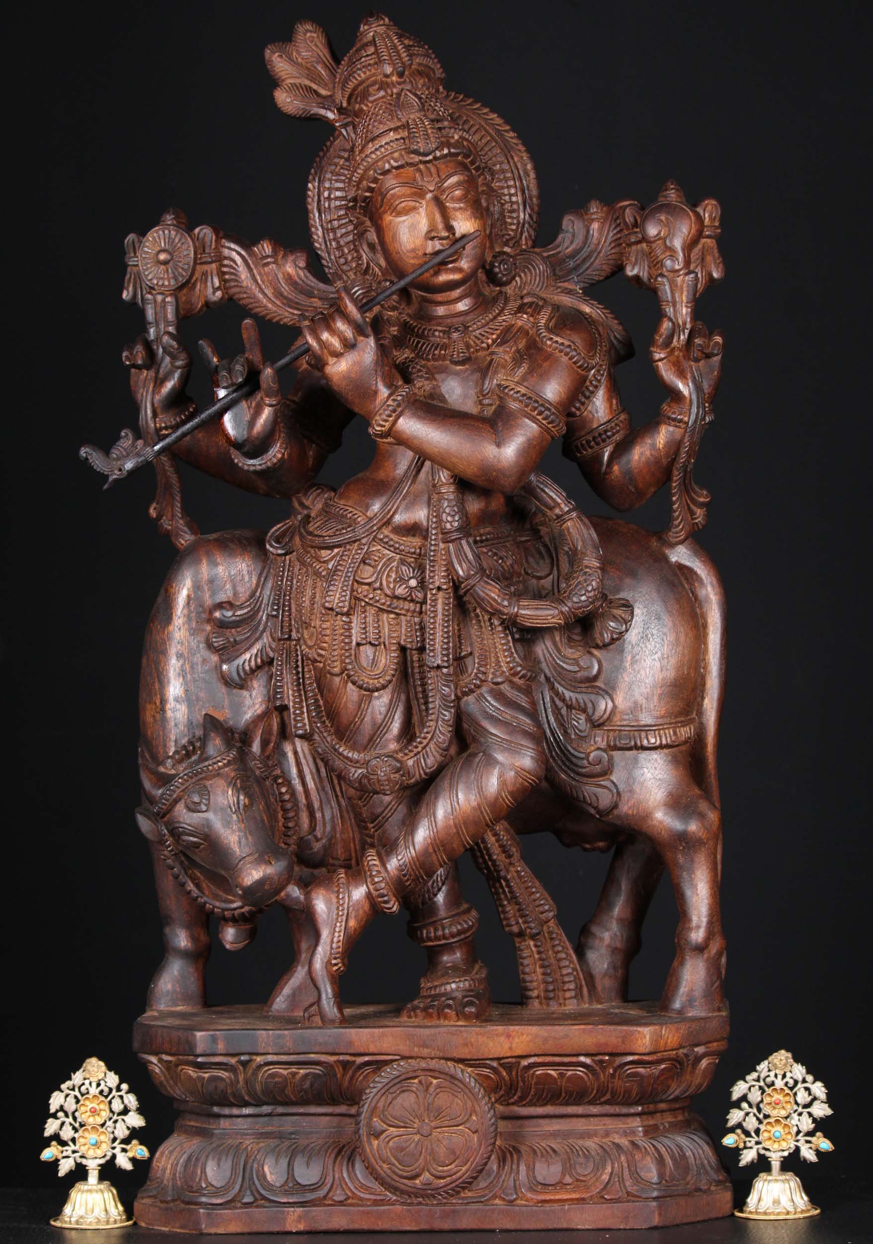 Wooden Krishna Vishnu Statue with Cow 36"