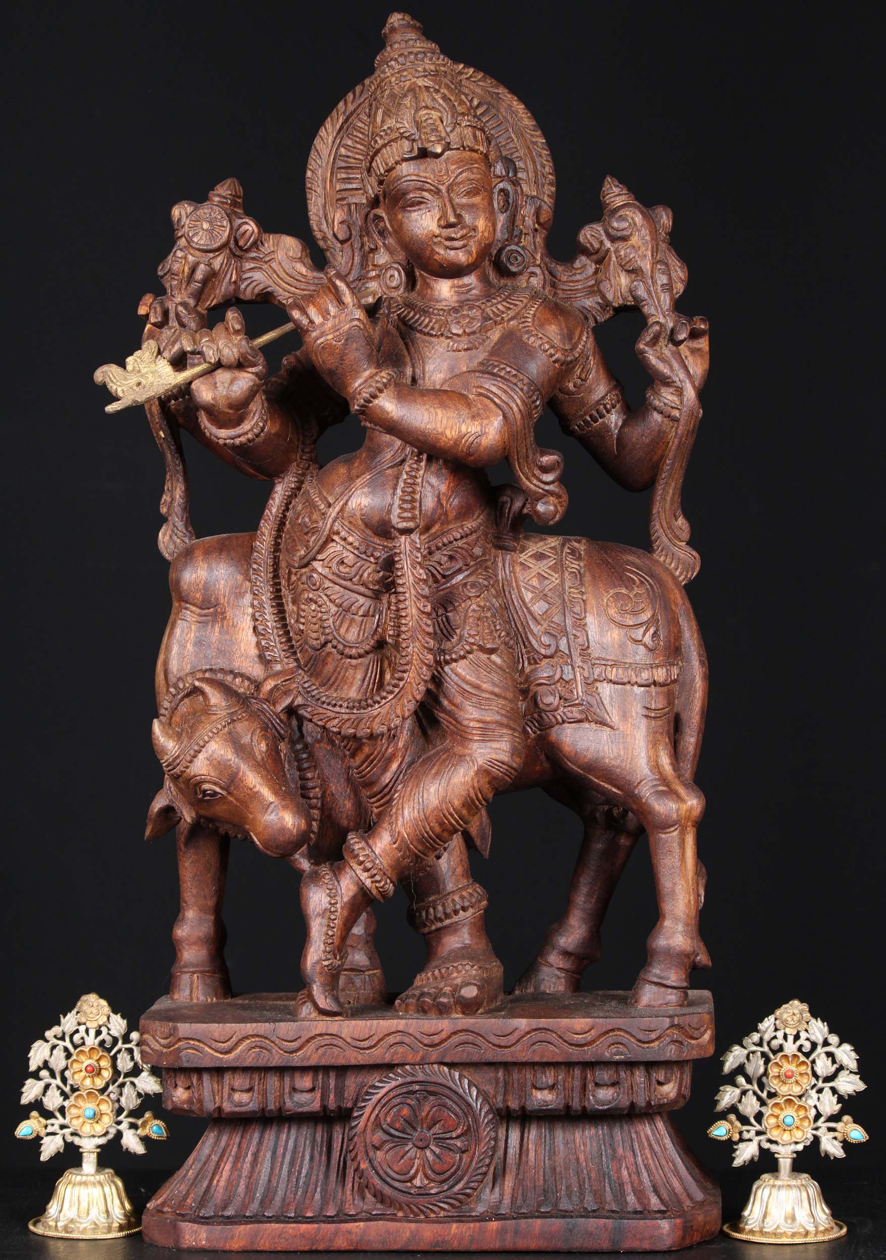 Wooden Venugopal Playing Flute with Cow 24"