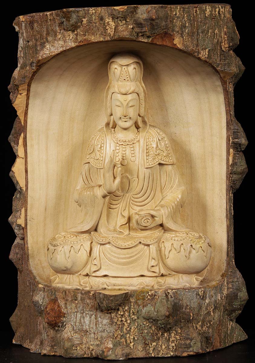 Natural Wood Kwan Yin Carving 11"