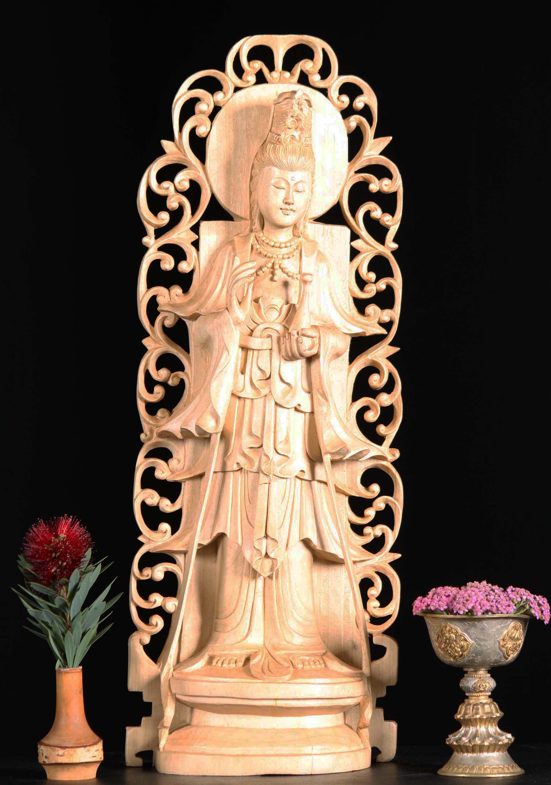 Wooden Kwan Yin Statue Holding Nectar of Life 21"