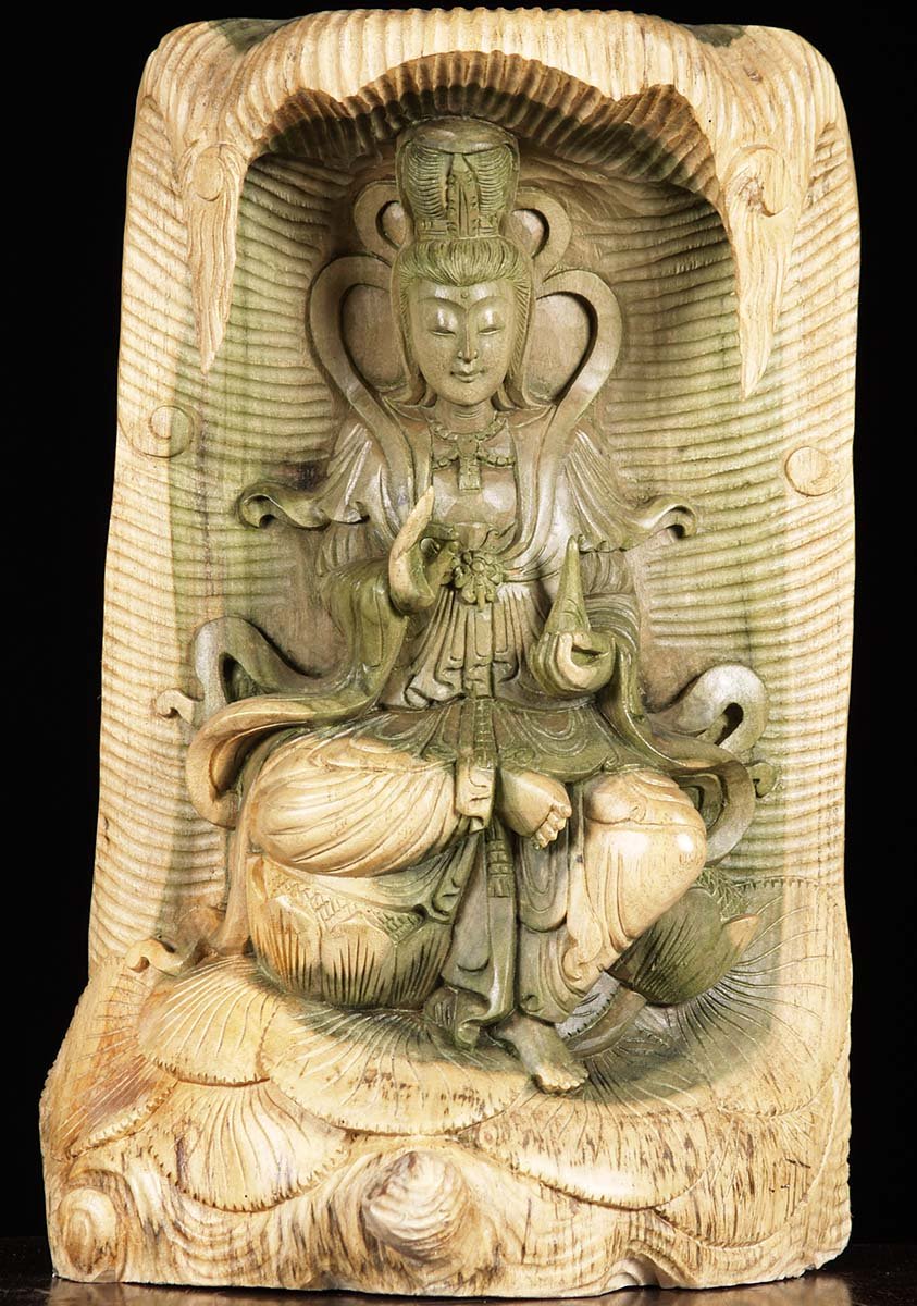 Wooden Kwan Yin Tree Carving 18"