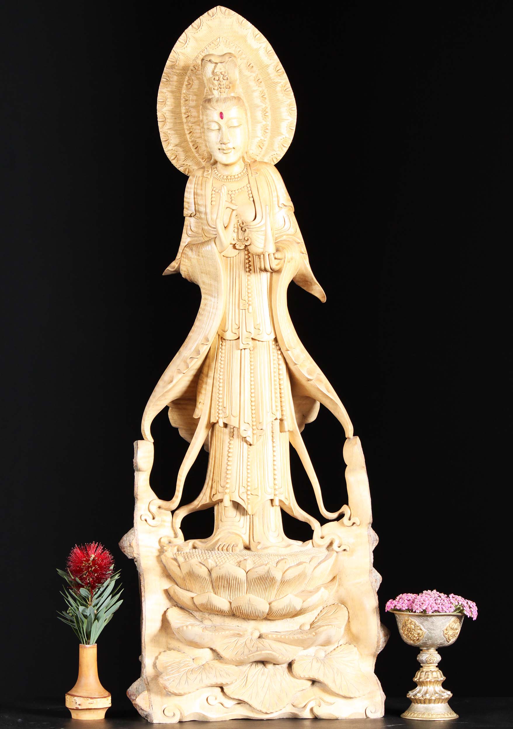 Wood Kwan Yin Wood Carving on Lilly Pad Base 30"