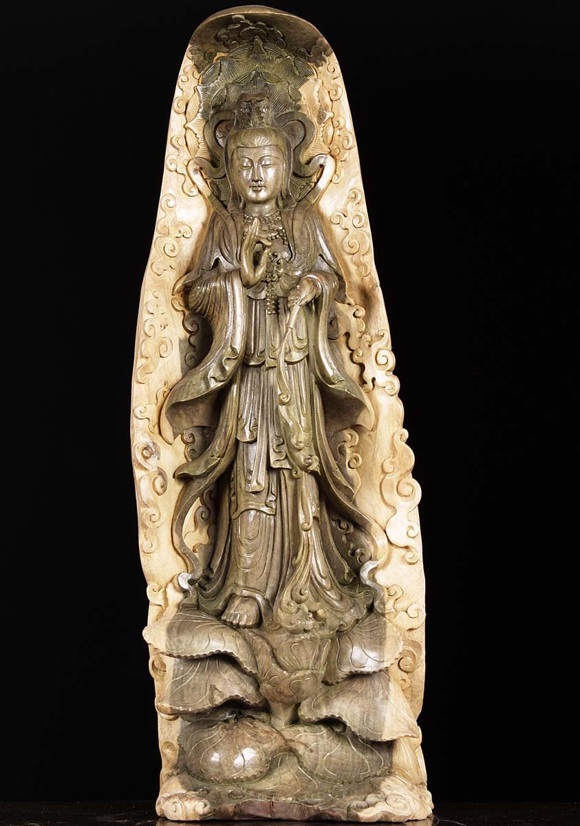 Natural Wood Kwan Yin Carving 27"