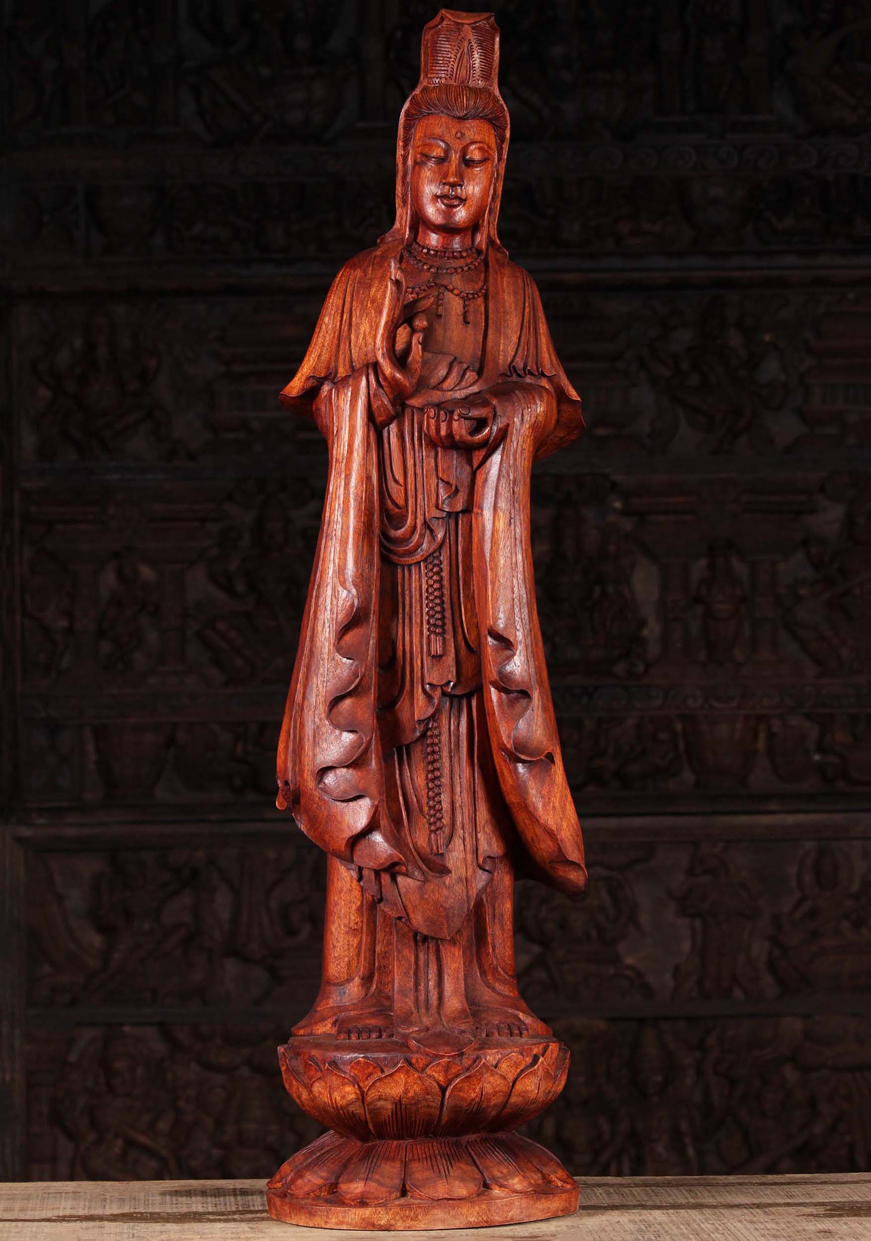 Wooden Kwan Yin Statue Holding a Pearl 41"