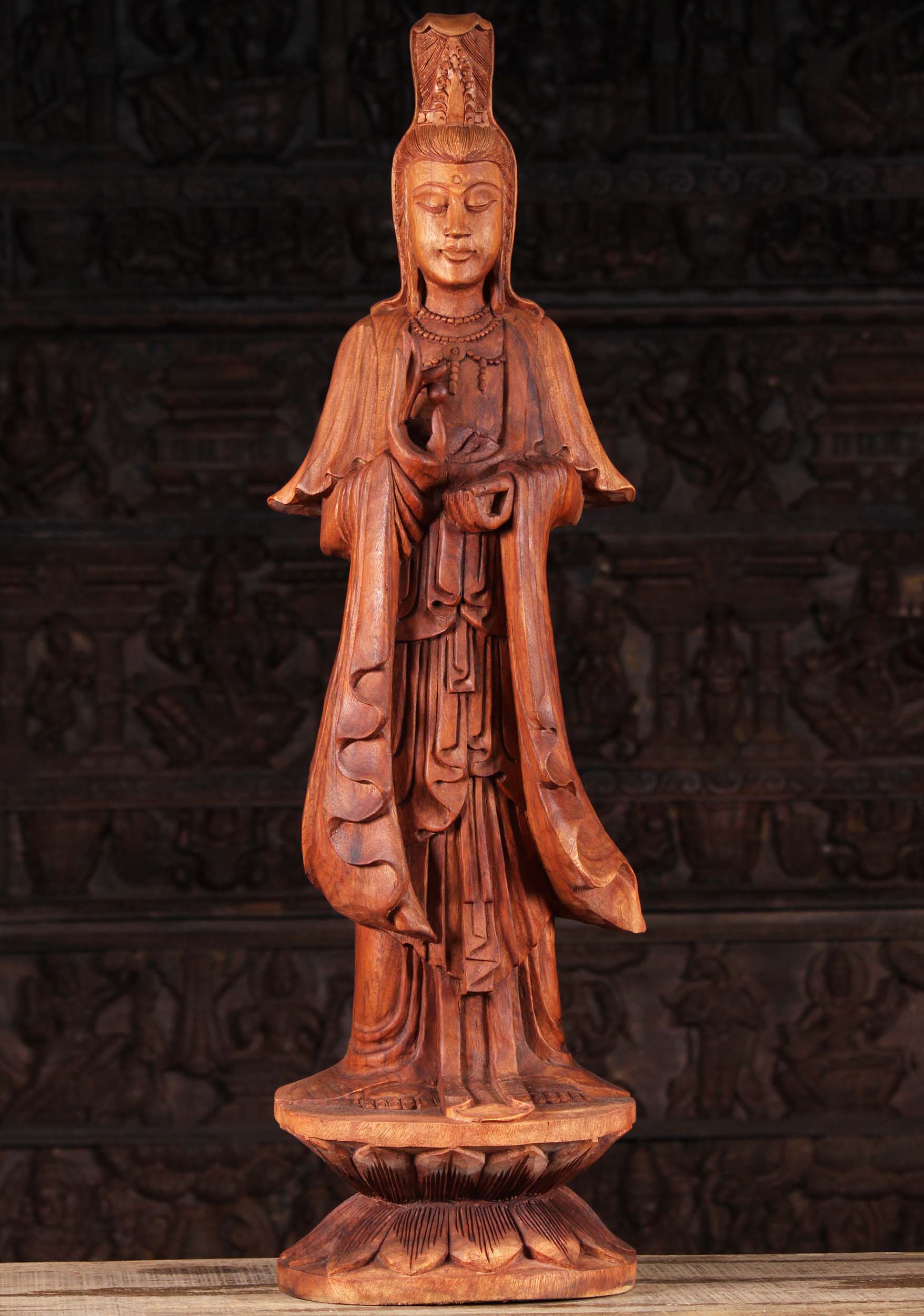 Kwan Yin Wooden Sculpture Holding Pearl 41"