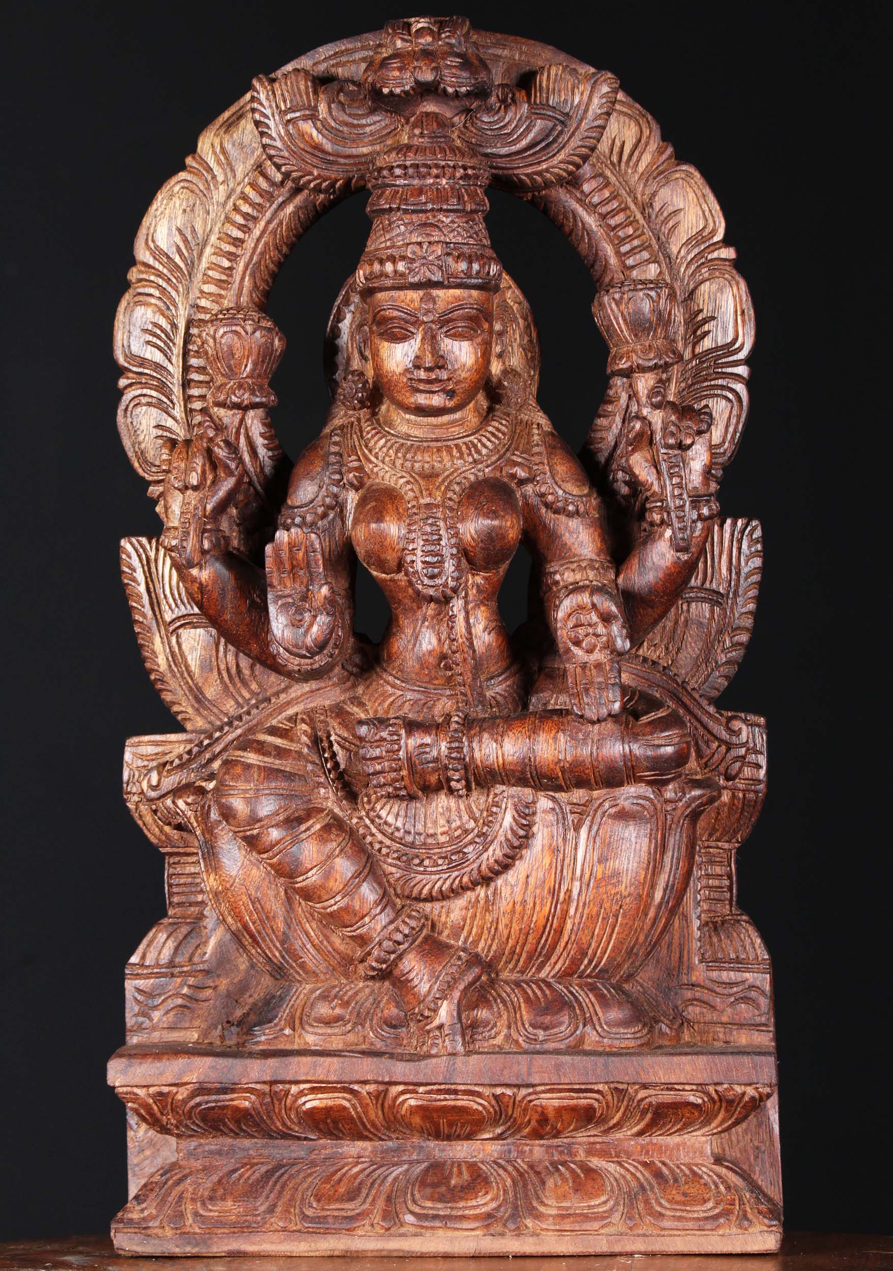 Wooden Hindu Goddess Lakshmi with Arch 18"