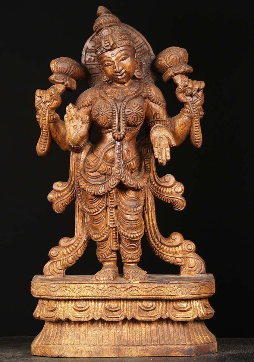 Wood Lotus Lakshmi Statue 18"