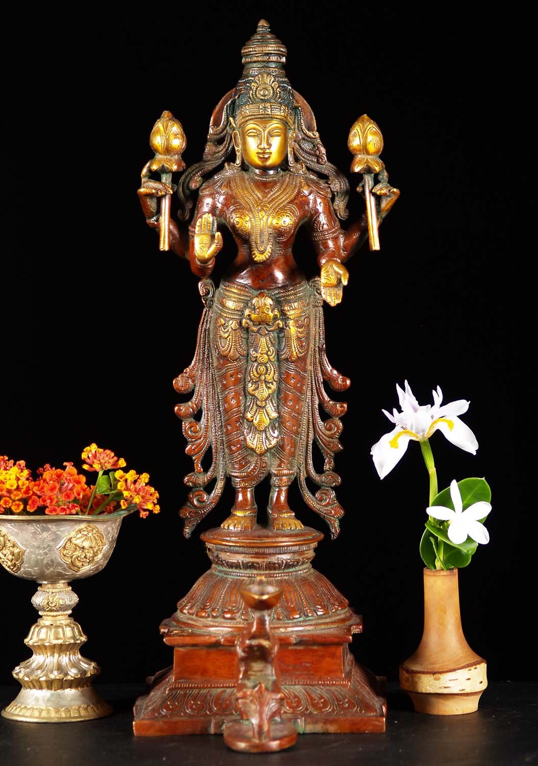 Brass Standing Lakshmi Statue in Abhaya and Varada mudras  with Elephant Candle 15"