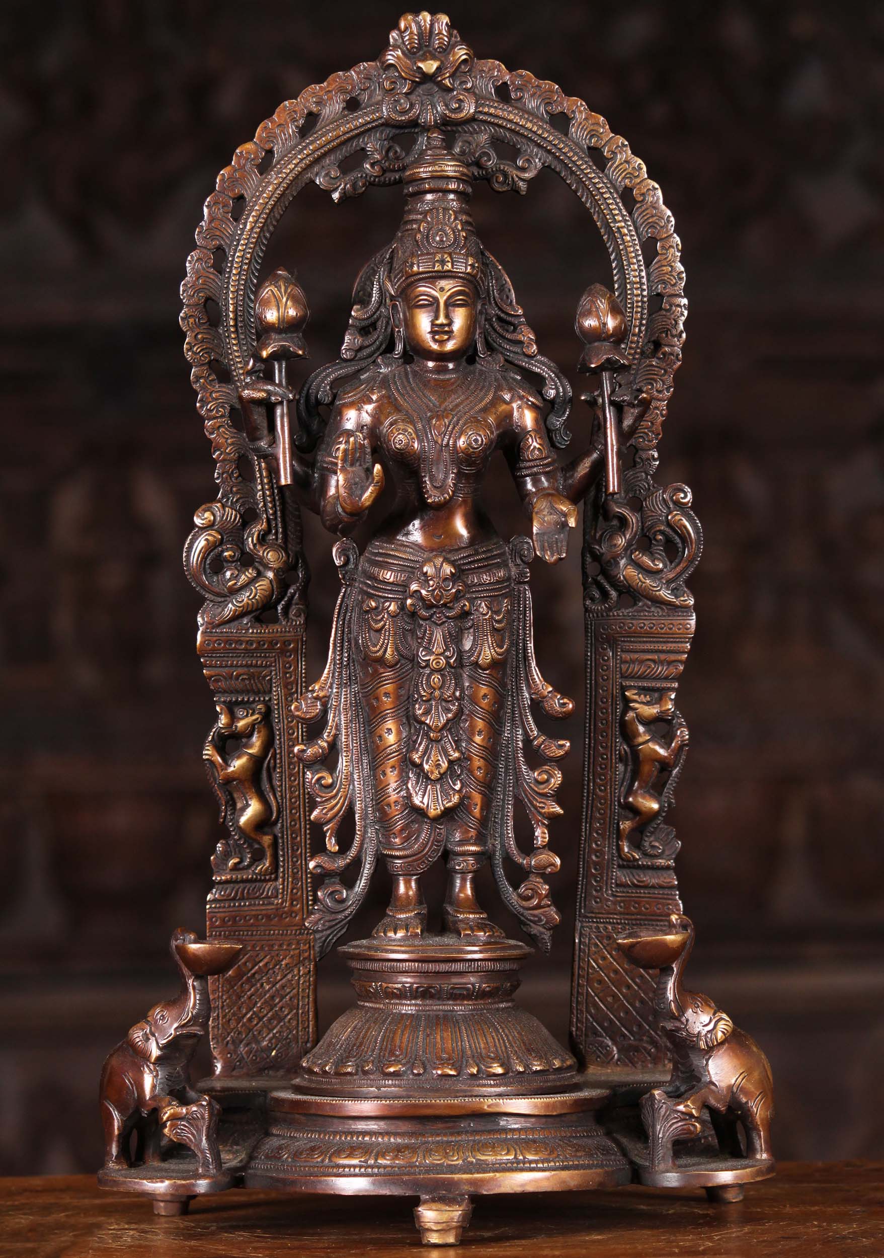 Brass Goddess Gaja Lakshmi Statue Holding Lotus Flowers with 2 Elephant Deepam Lamps 17"