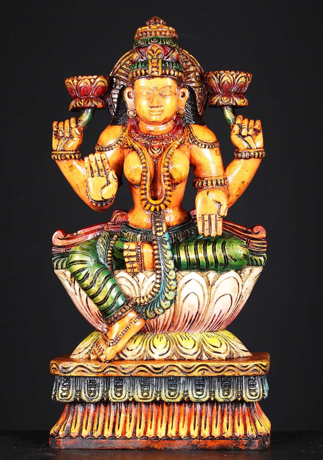 Wooden Painted Hindu Goddess of Wealth Lakshmi Statue Holding 2 Lotus Flowers 24"