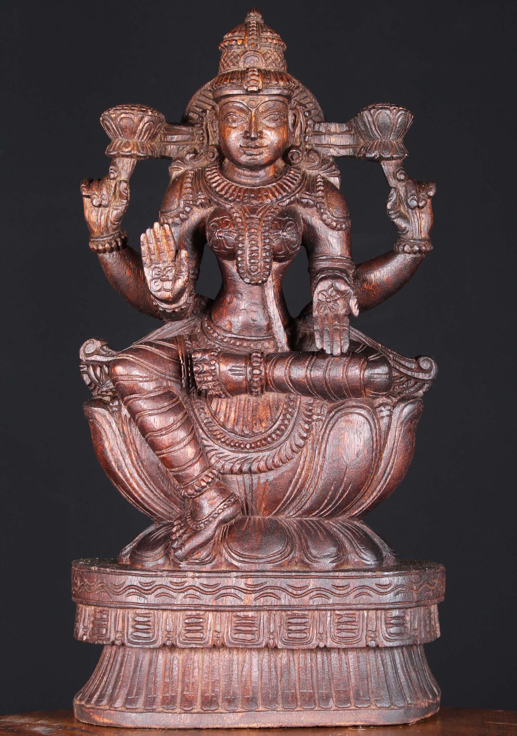 Wood Lakshmi Holding 2 Lotus Flowers 18"