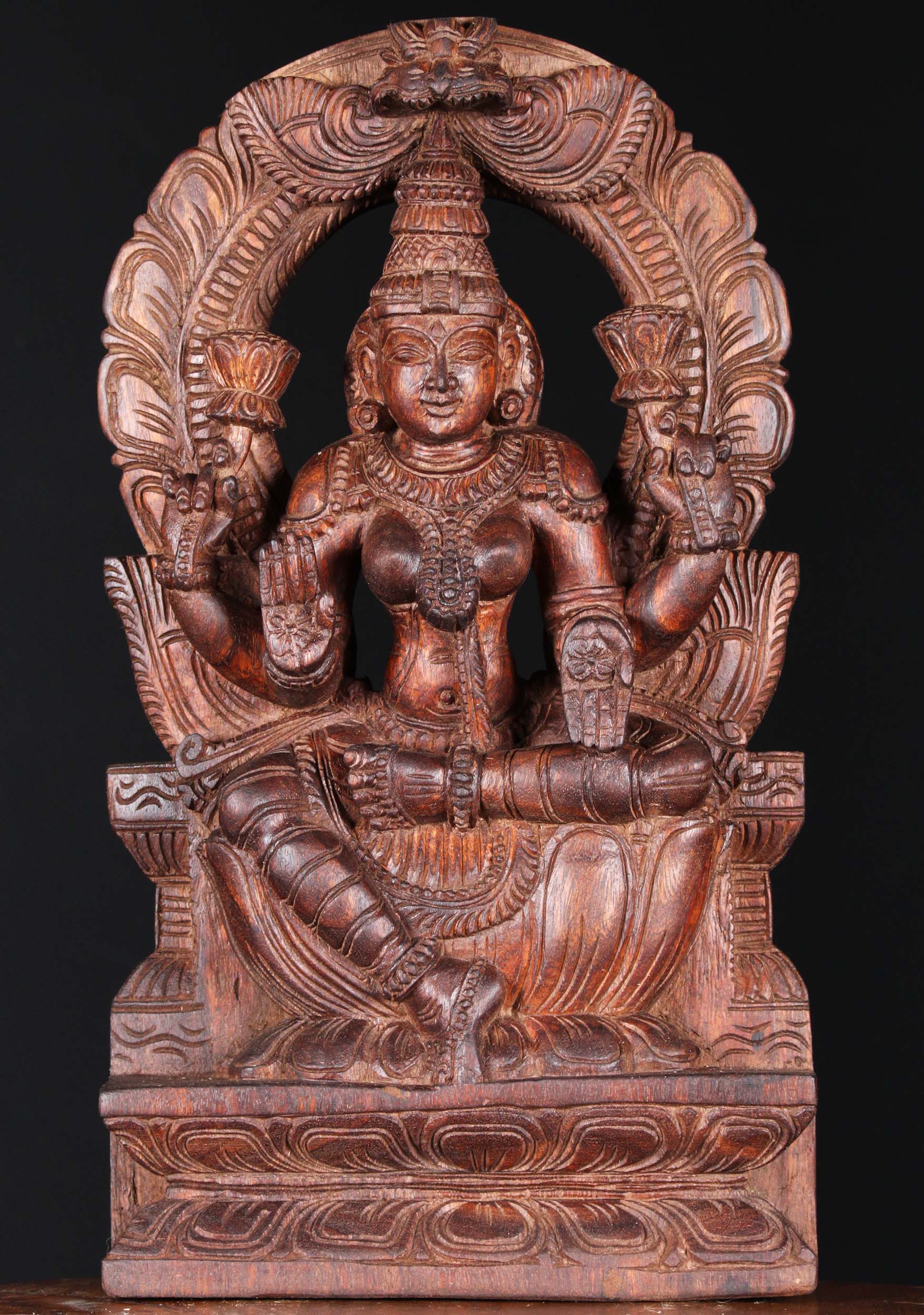 Wooden Hindu Goddess Lakshmi with Arch 18"