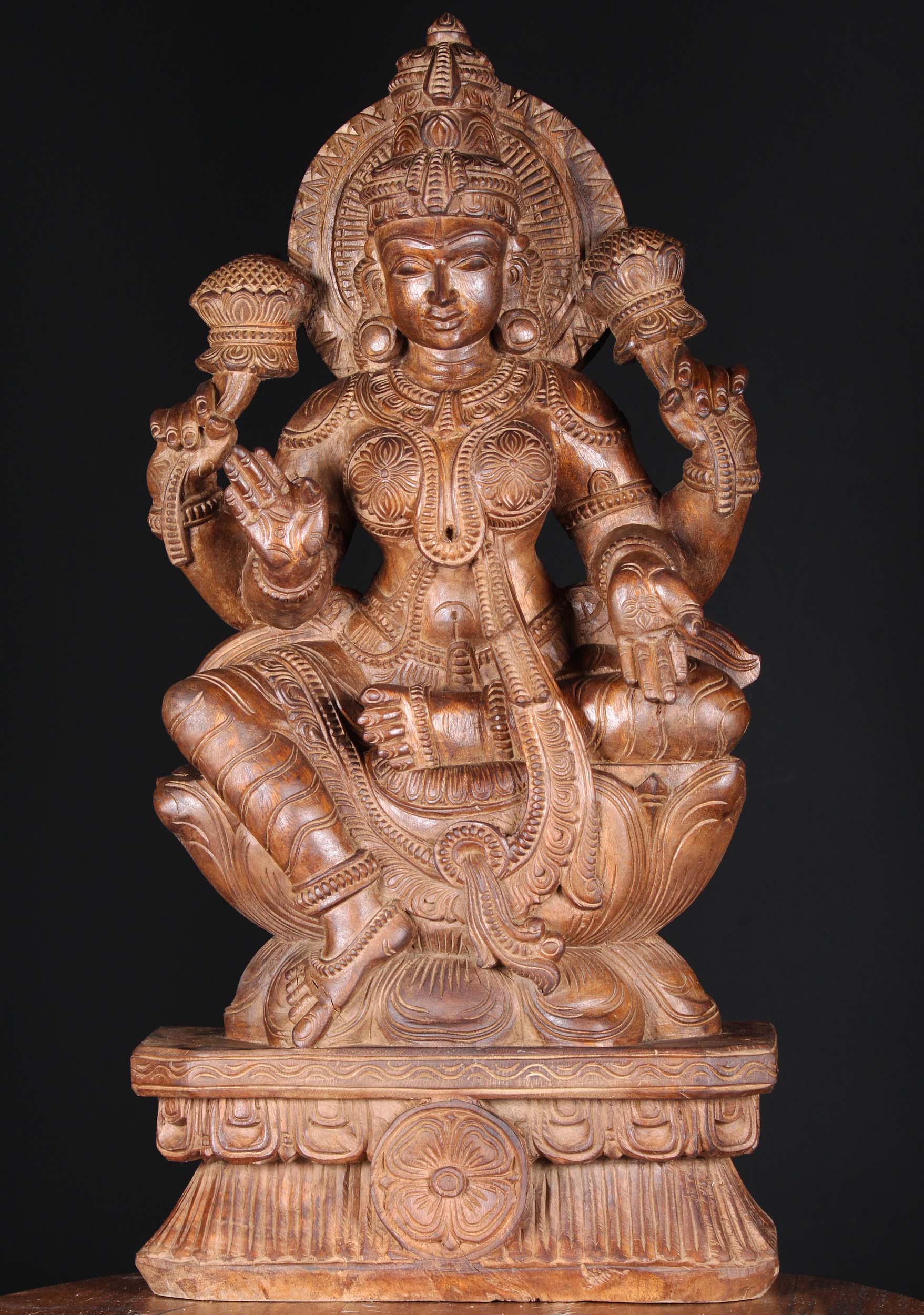 Wooden Lakshmi Statue Holding 2 Lotus Flowers 30"