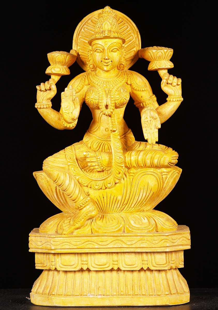 Wooden Lakshmi Statue Holding Lotus 12"