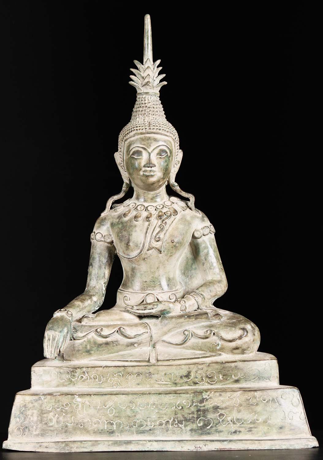 Buddha Statue Brass Laotian Earth Touching Seated on Two Tiered Base in Half Lotus 24"