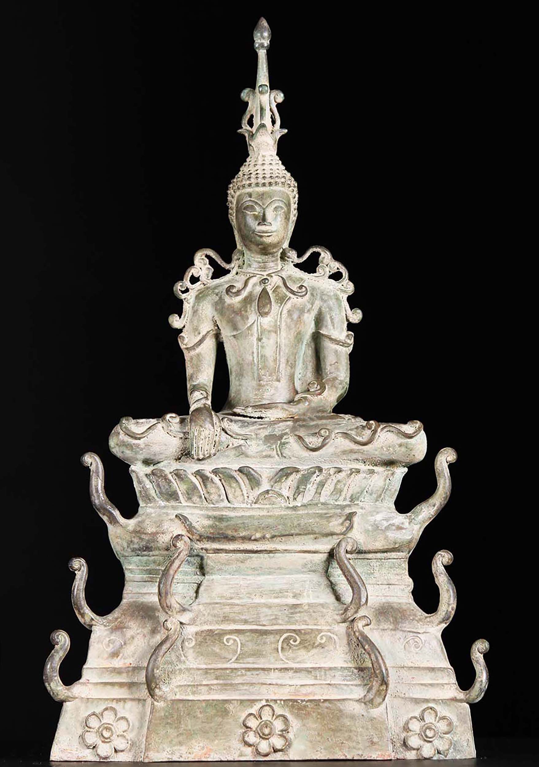 Brass Laotian Earth Touching Buddha Sculpture 23"