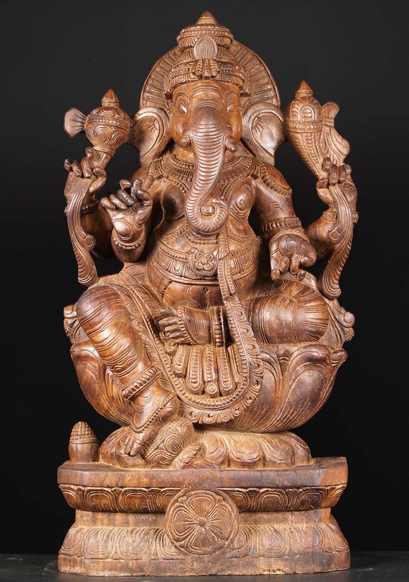 Wooden Seated Ganapathi Statue 36"