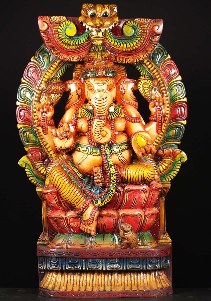 Wood Painted Ganesh Statue with Arch 36"