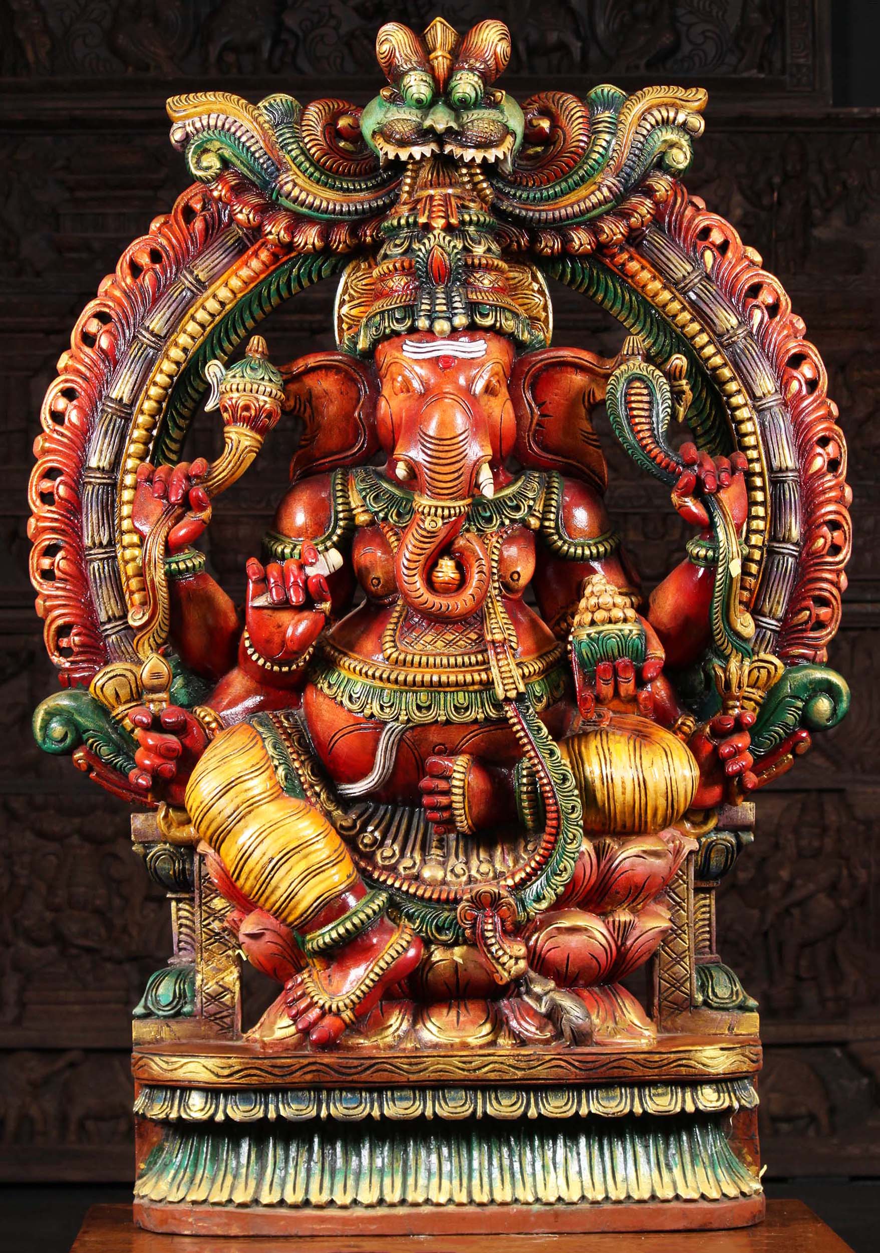 Large Wooden Ganesh with Mahakala Arch 47"