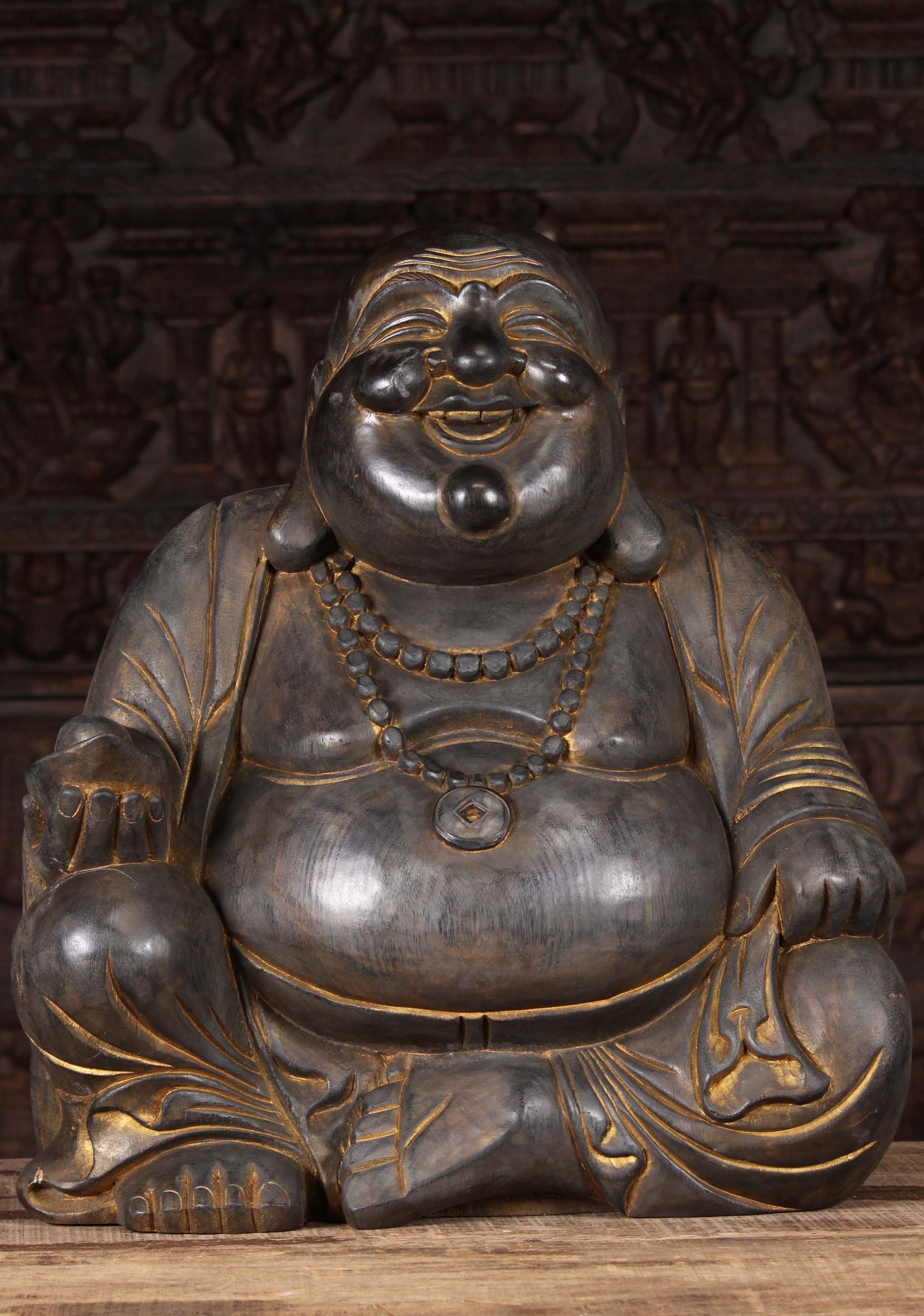 SOLD Large Black & Gold Antiqued Seated Fat & Happy Buddha Statue ...