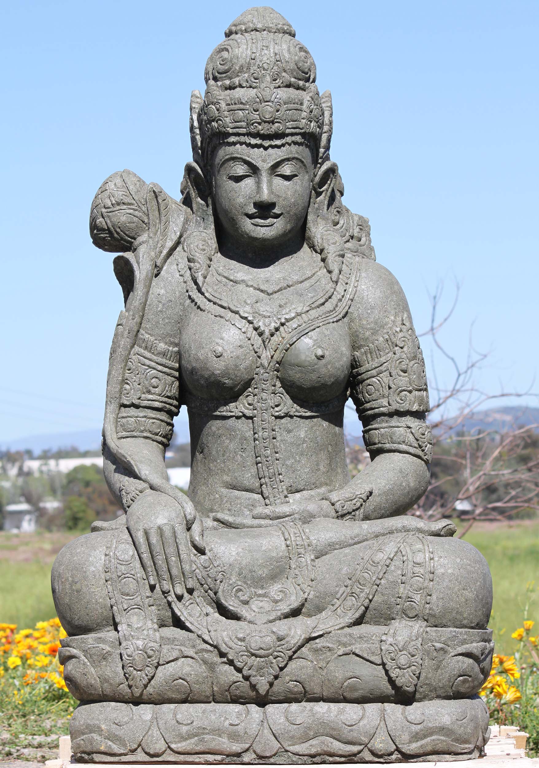 Large Stone Devi Statue Holding Lotus Flower 60"