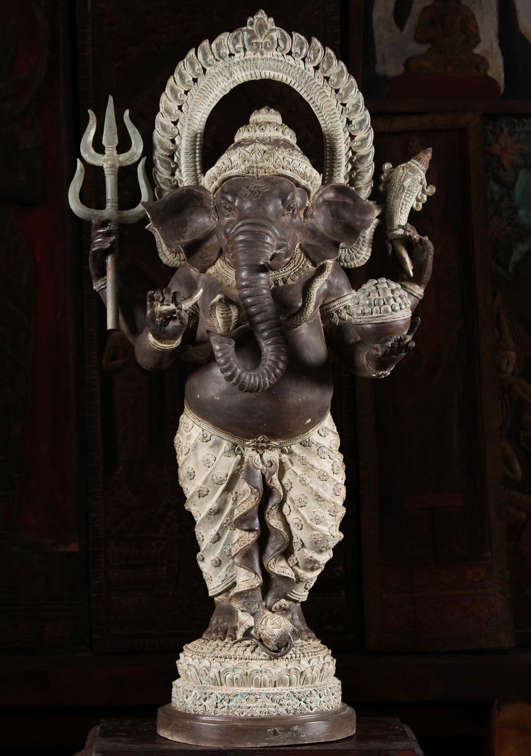 Brass Thai Ganesh with Trident & Mooshika 47"