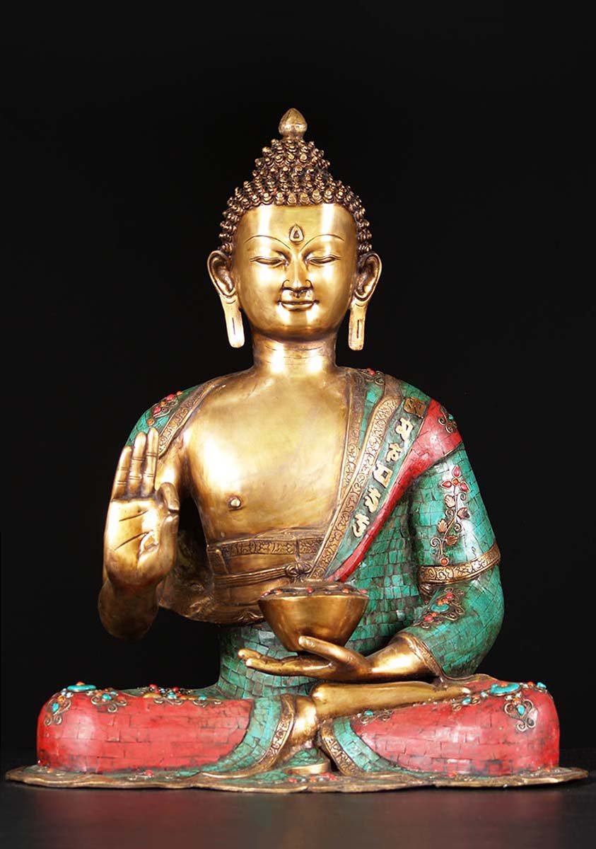 Brass Teaching Buddha With Colored Stones 28"