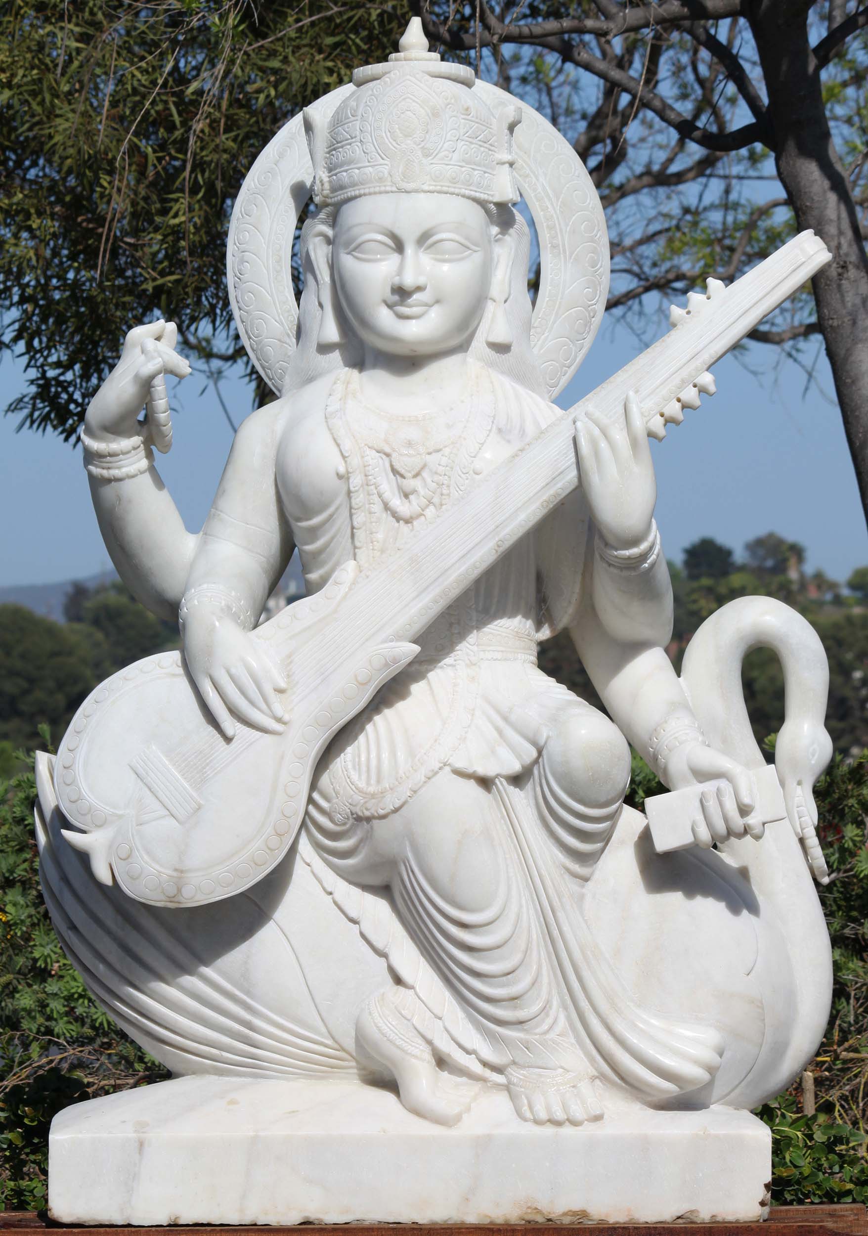 Large White Marble Veena Saraswati Statue 72"