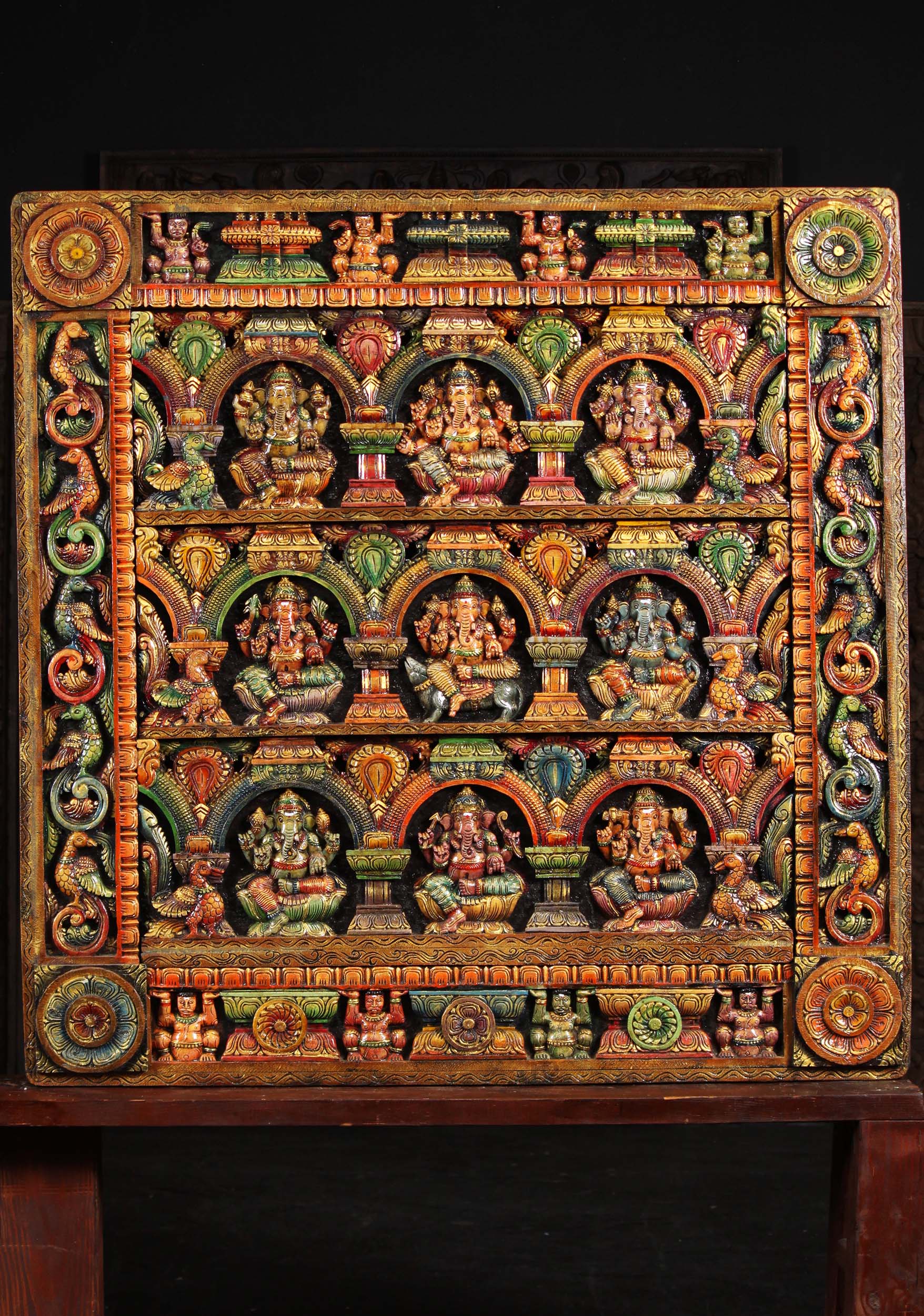 Large Wood Wall Panel with 9 Ganeshas 48"