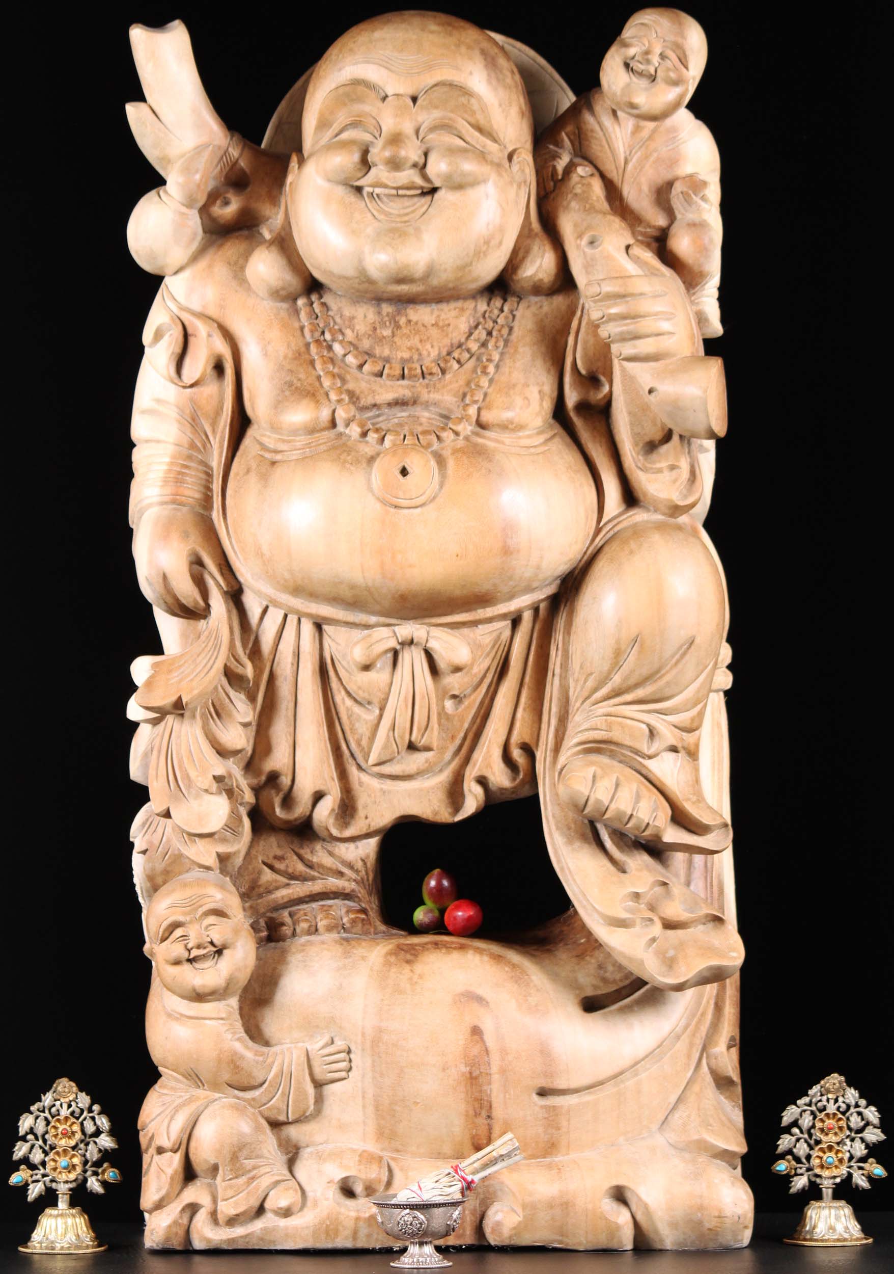 Large Wood Fat & Happy Buddha With Children 36"