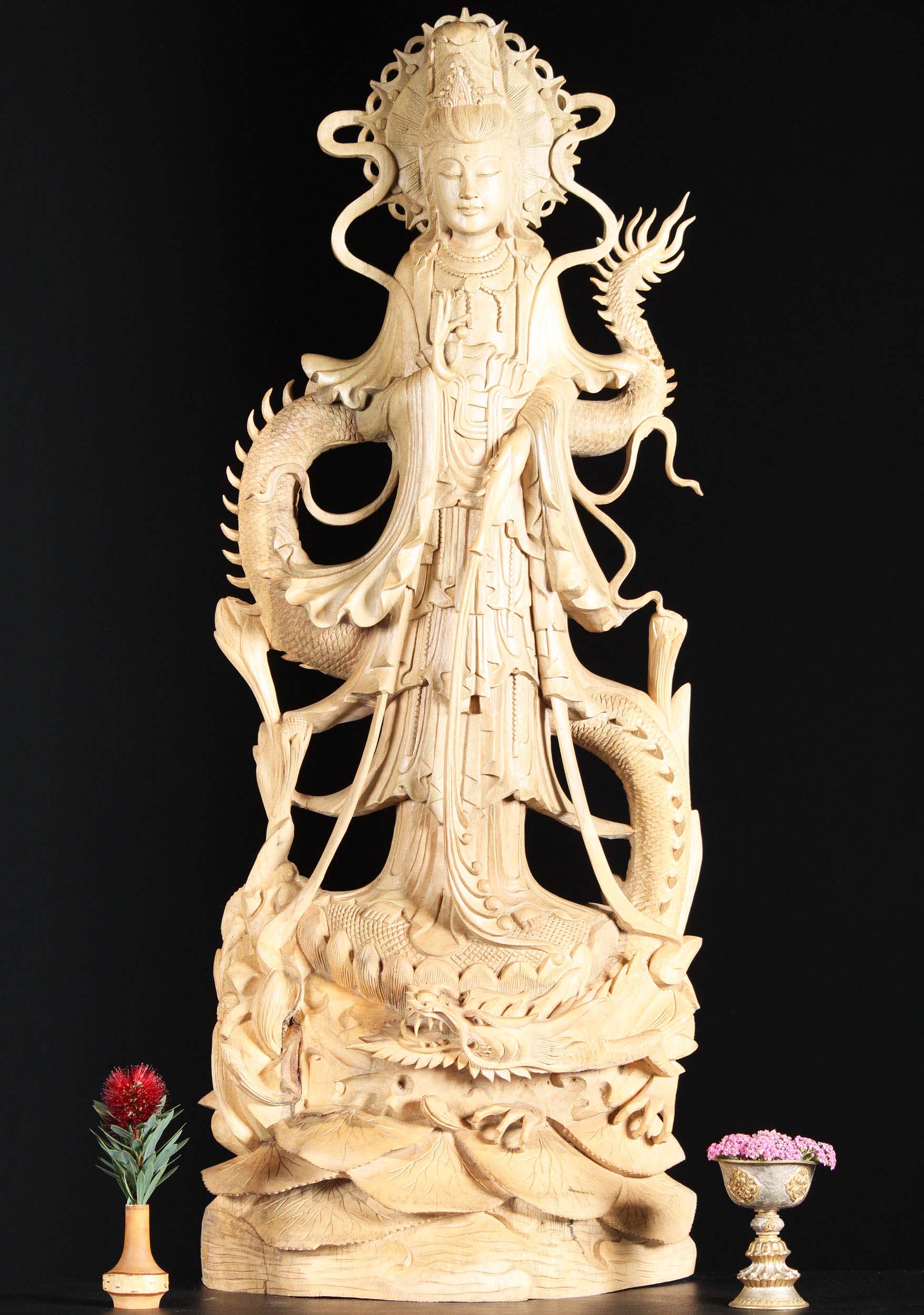 Large Wooden Kwan Yin with Dragon Statue 40"