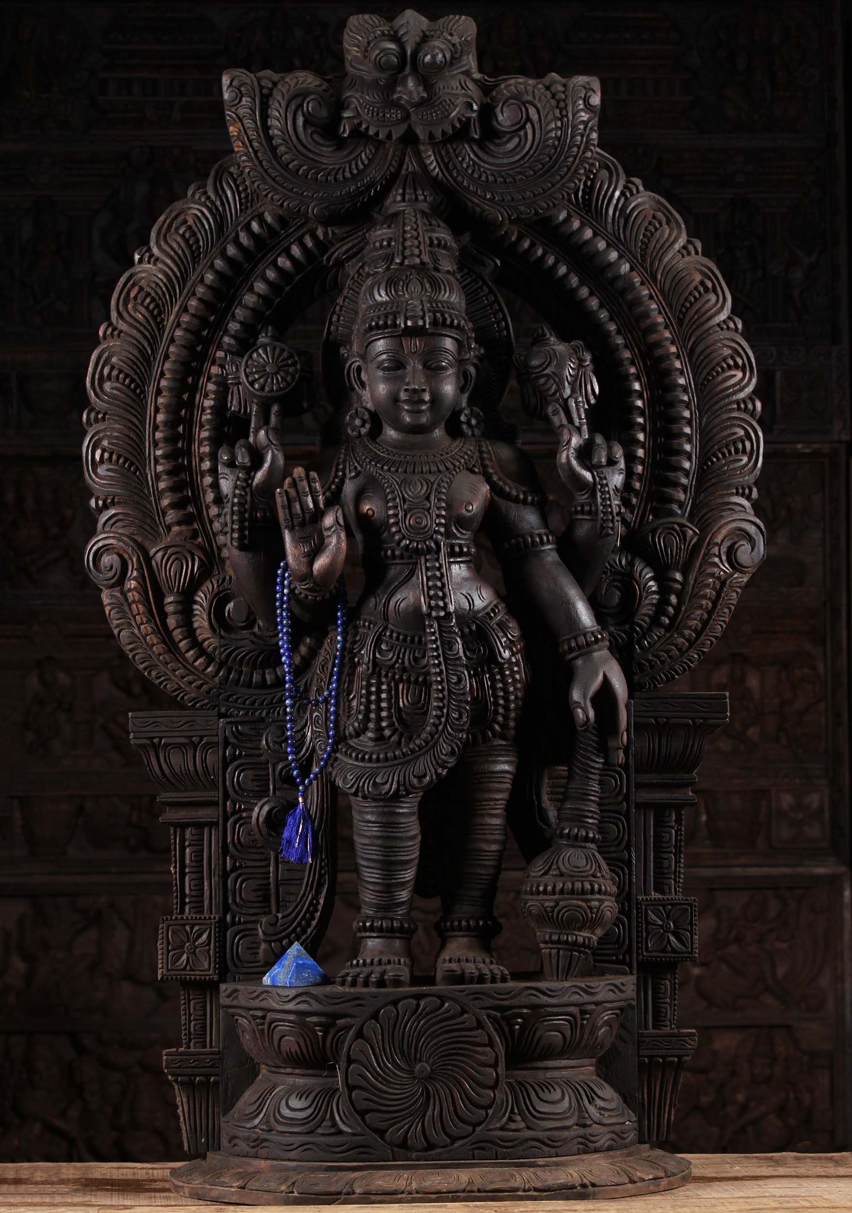 Large Wood Vishnu Holding Gada with Arch 47"