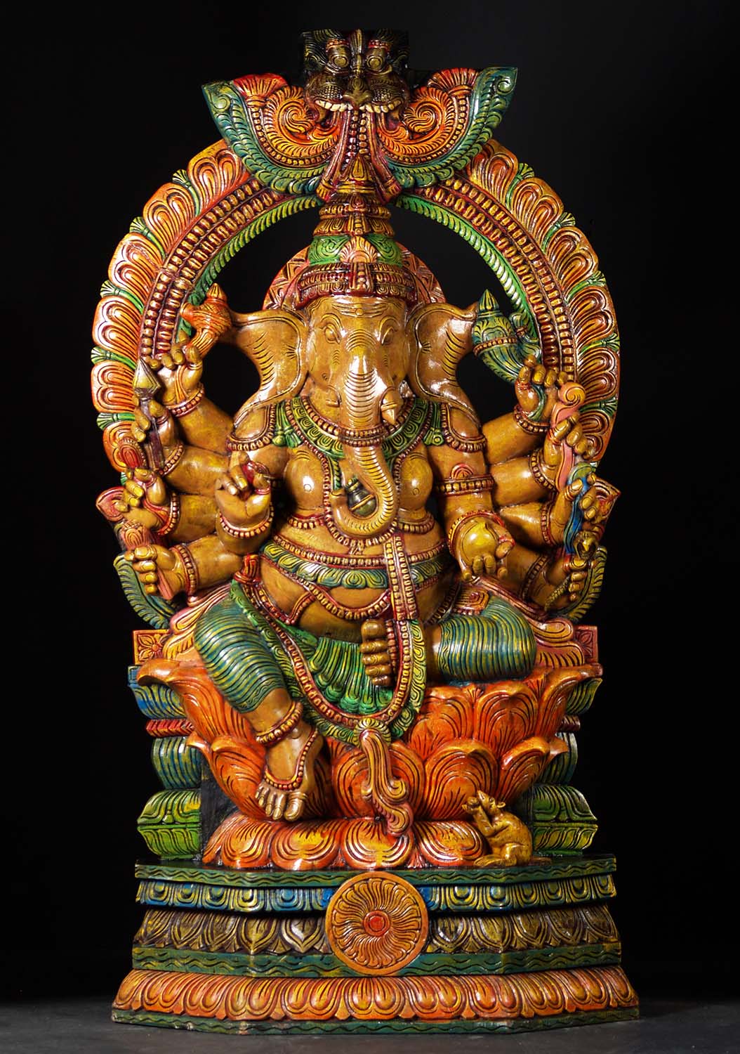 Large Wooden Ganesh With 10 Arms 71"