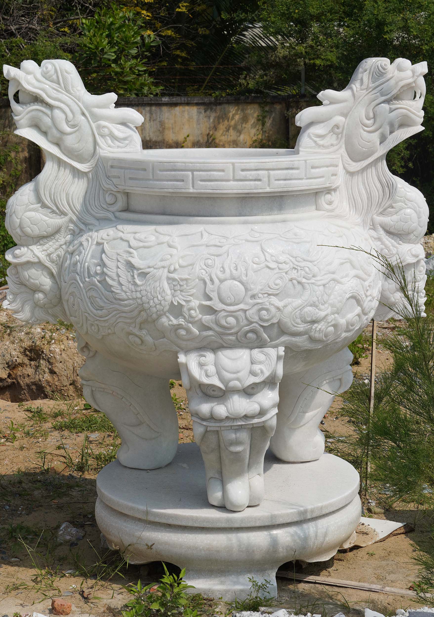 Huge Marble Temple Dragon Incense Urn 69"