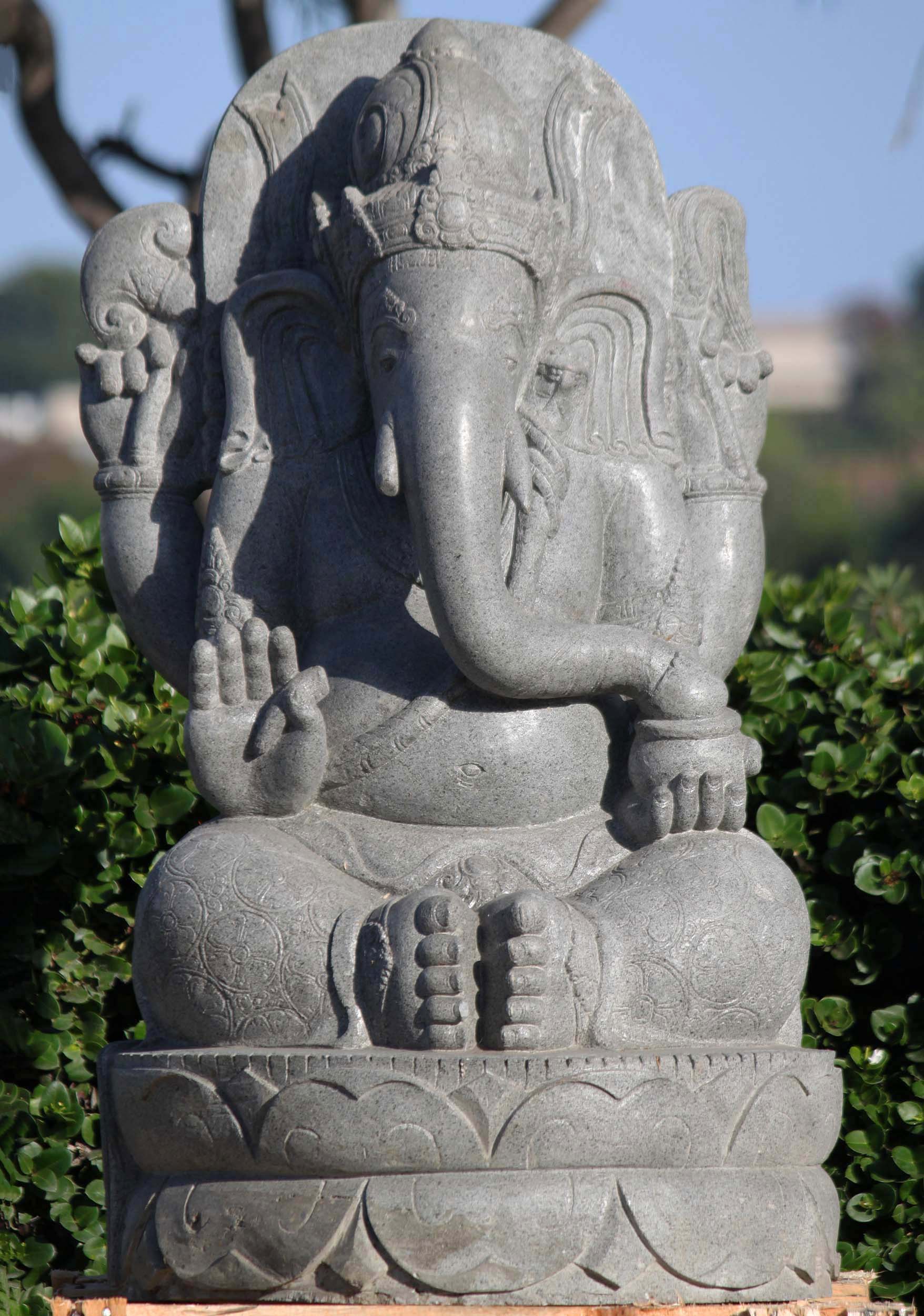 Beautifully Detailed Seated Ganesh Statue Holding His Tusk Hand Carved from 1 Block of Stone 43"