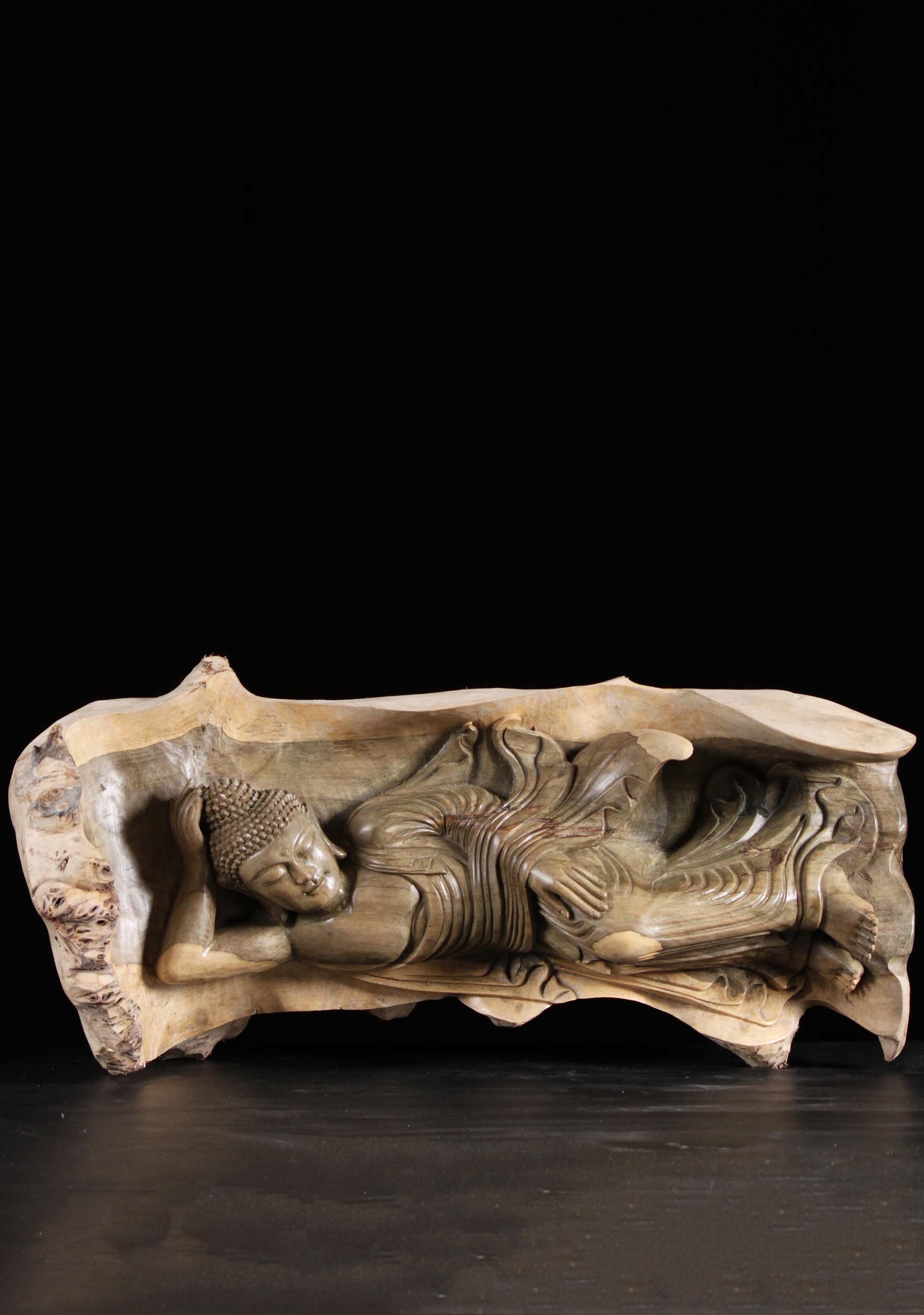 Natural Wood Reclining Buddha Carving 28"