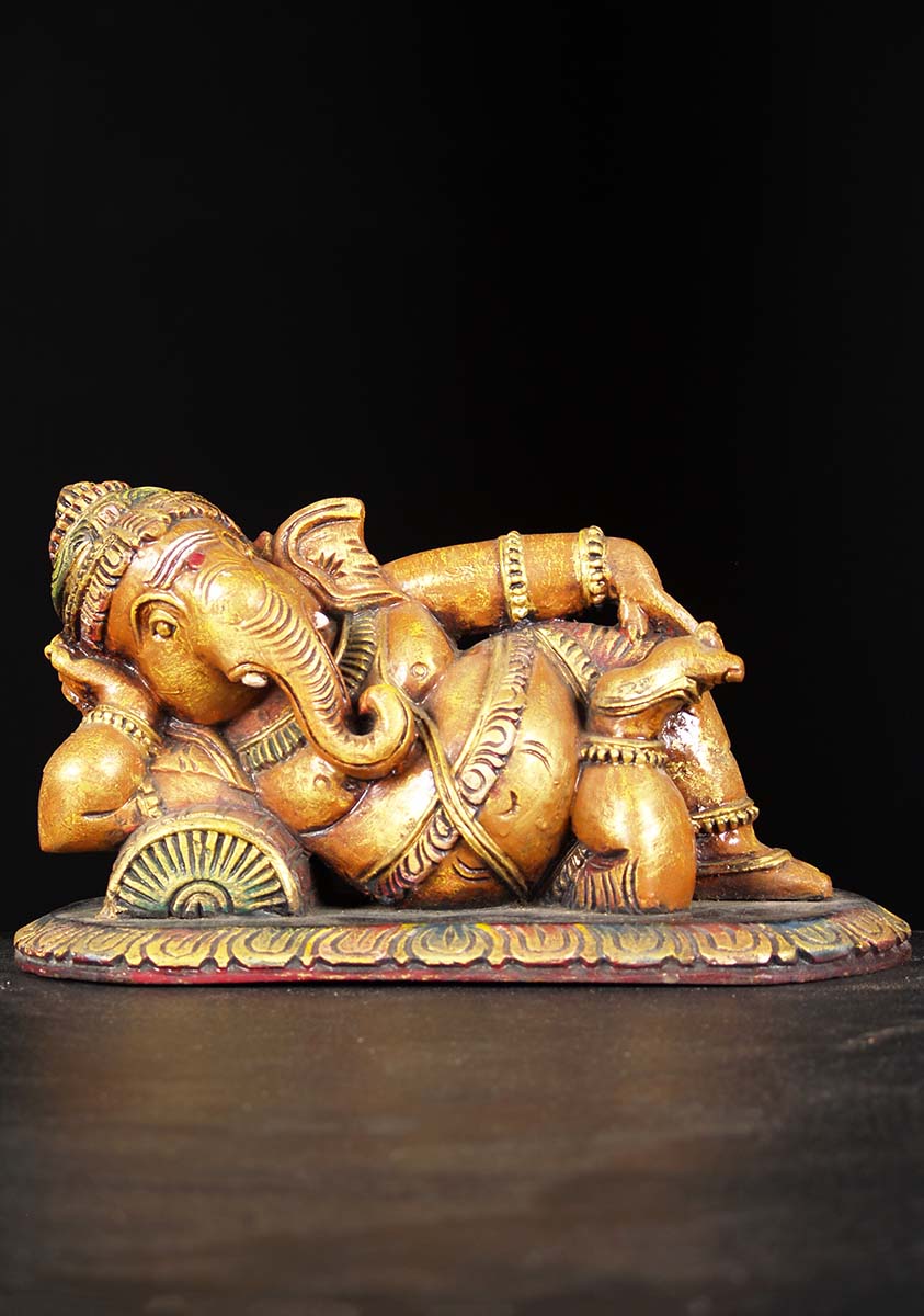 Wood Reclining Ganesh Statue 14"