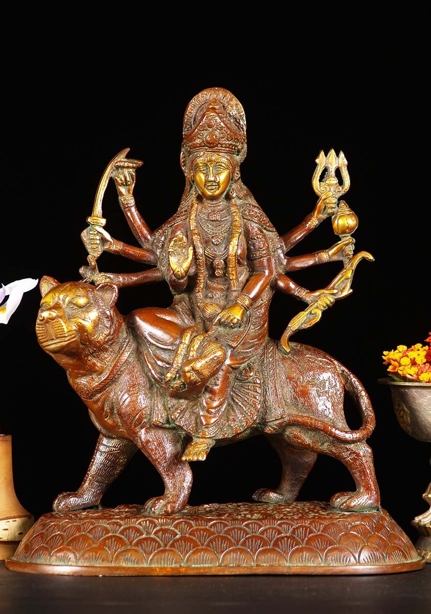 Brass Statue of the Hindu Goddess Durga with 8 Arms Holding Weapons Riding  on Lion 12 (#61bs99z): Hindu Gods & Buddha Statues