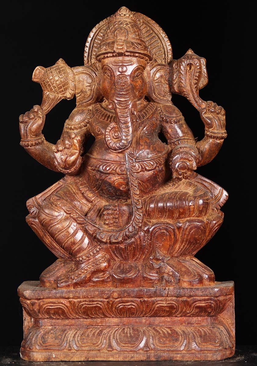 Wood Seated Ganapathi Statue 12"