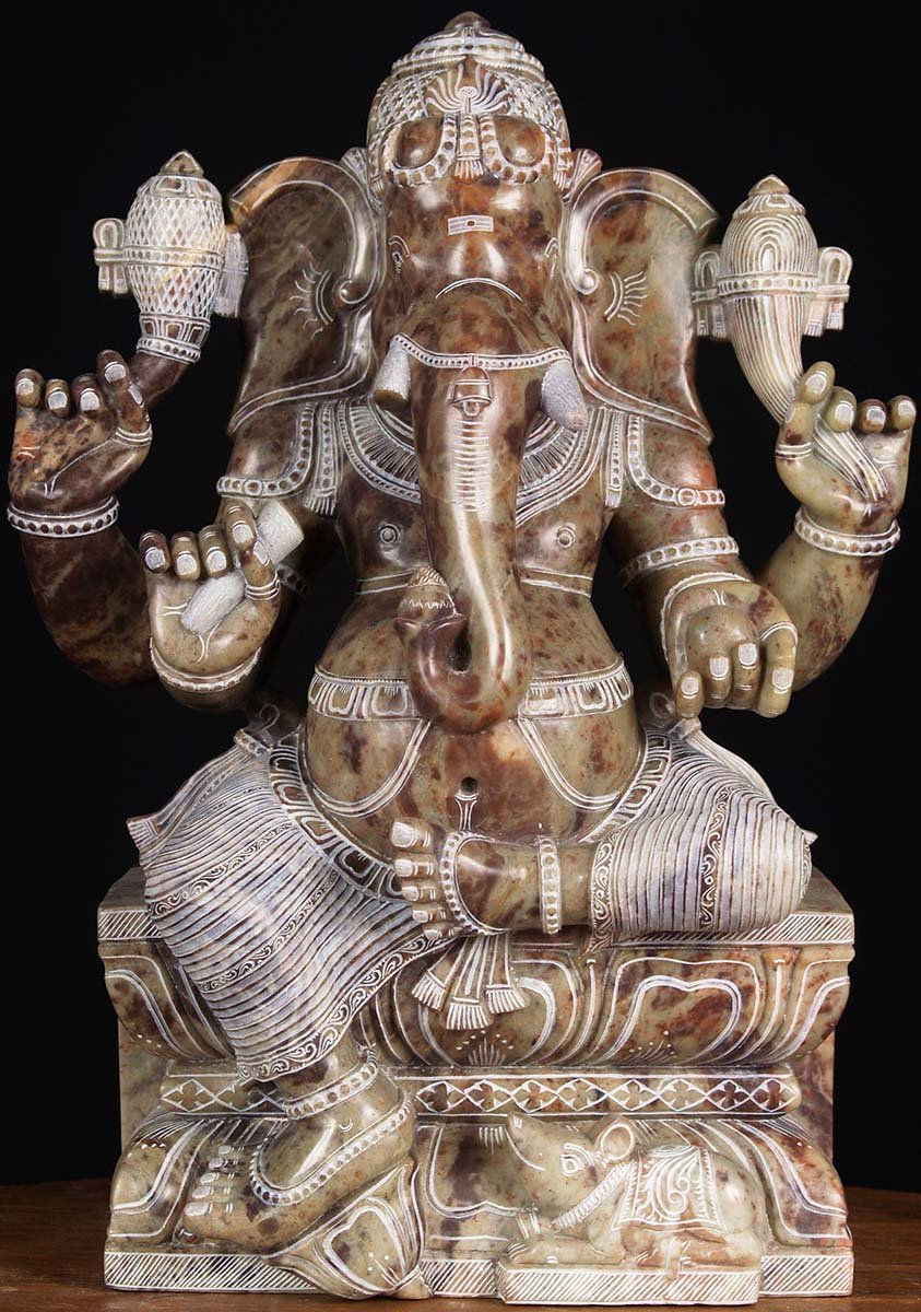 Black Marble Seated Ganesh Statue 16"