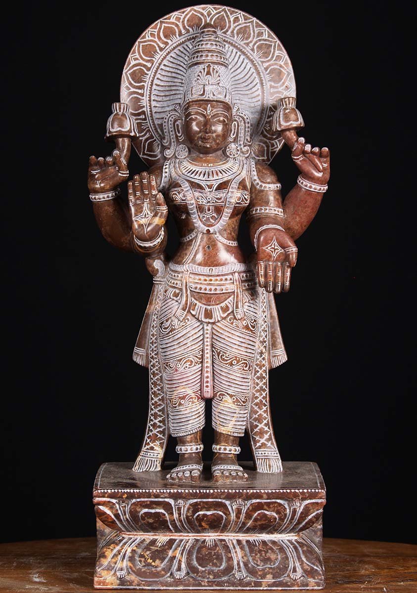 Black Marble Lakshmi Holding Lotus Flowers 16"