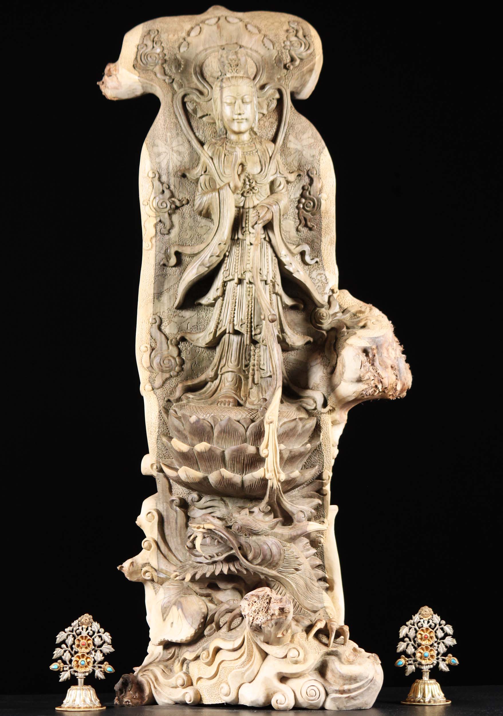 SOLD Masterpiece Wooden Kwan Yin With Dragon 36" (97bw5) Hindu Gods