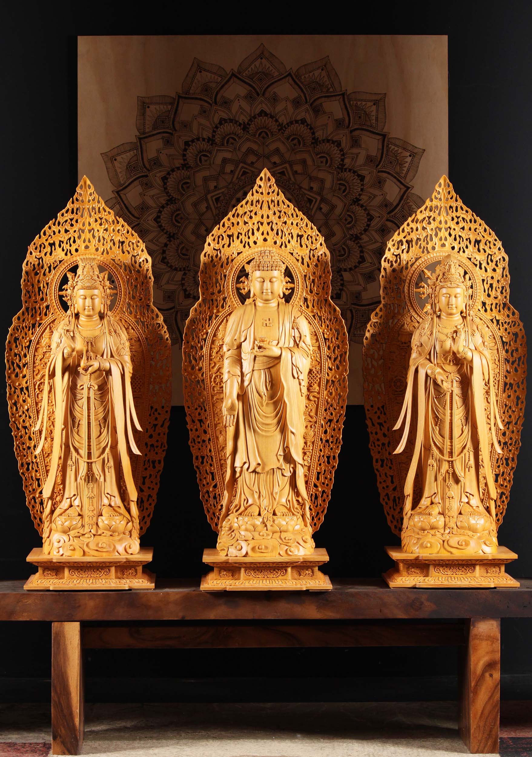 SOLD Masterpiece Wooden Western Pure Land Trinity Buddha Amitabha ...