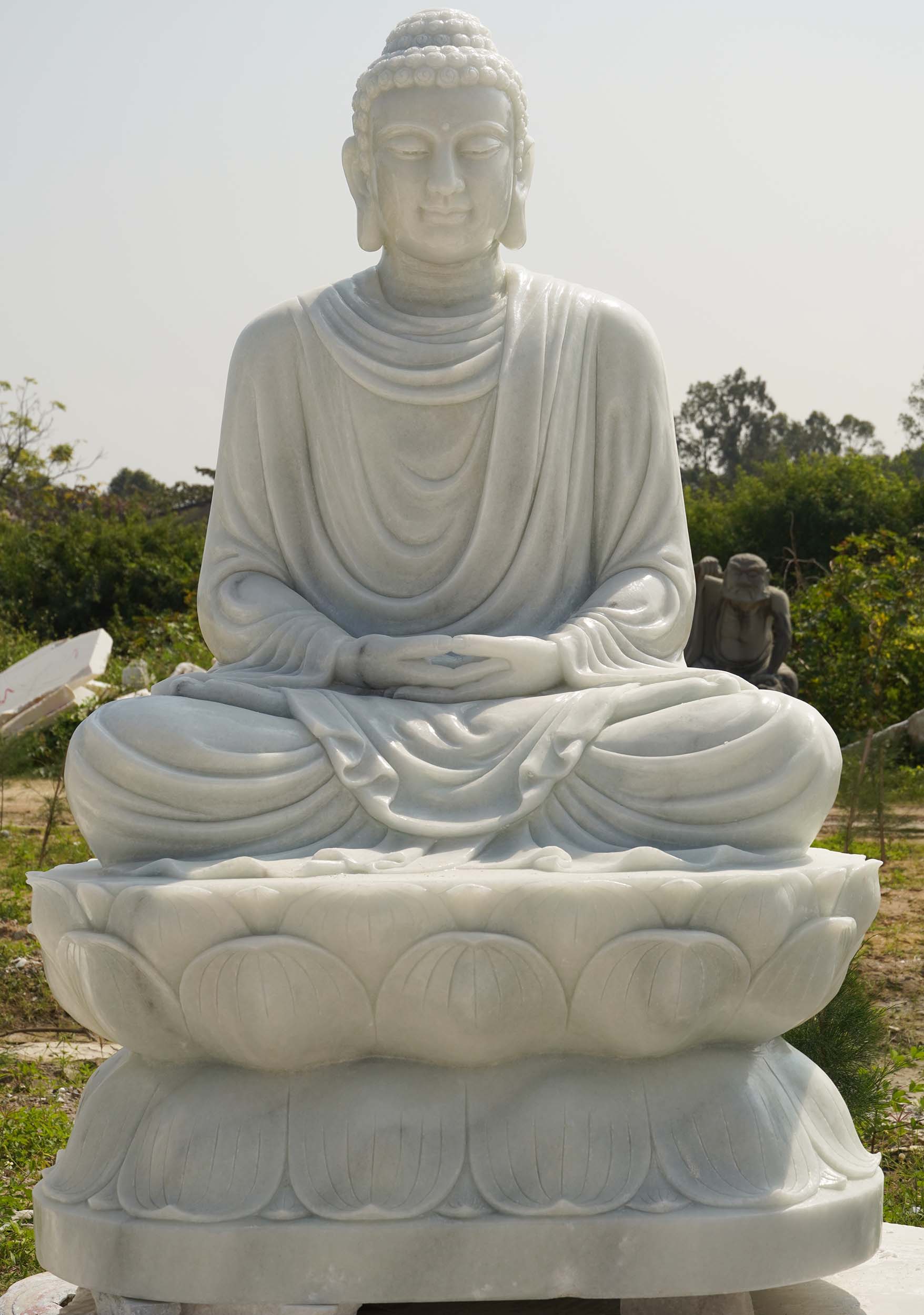 PREORDER Large White Marble Meditating Garden Buddha Sculpture in Full Robes on Lotus Base 80"