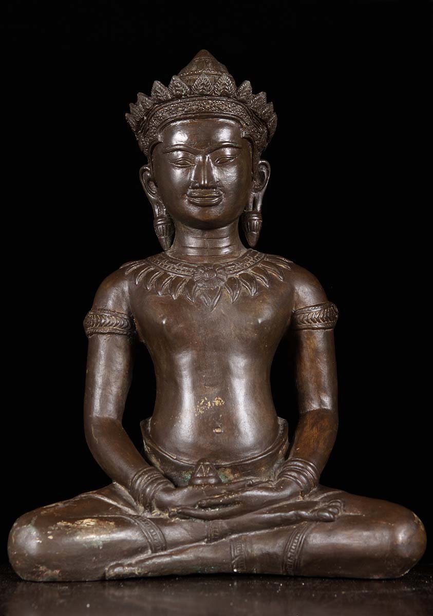 Brass Khmer Style Cambodian Buddha Statue Meditating with Small Fruit in His Hands 20"